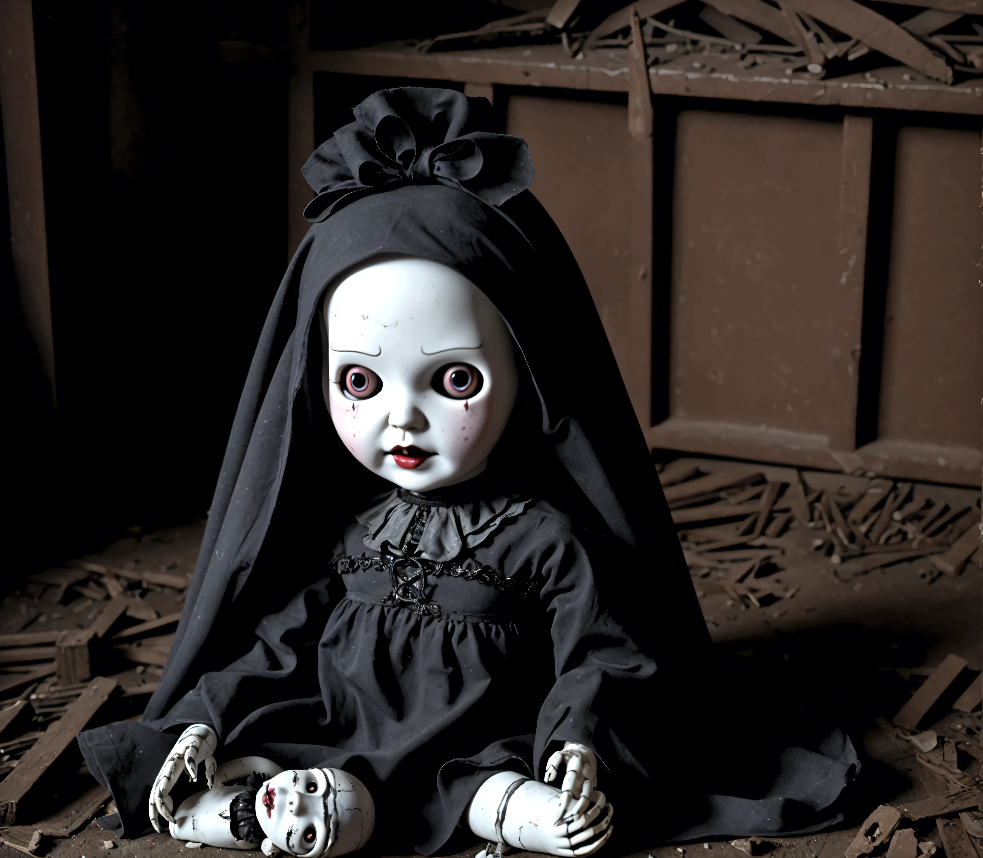 AN OLD AND FACELESS CURSED ANA BEAUTY CHILDREN'S STYLE DOLL, CURSED GOTHIC IMAGE DEMONIC IMAGE IN AN ABANDONED LABRATORY WITH BLACK CANDLES LIT ON THE FLOOR AT NIGHT, THE DOLL HAS A DEMONIC FEATURE AND WITHOUT A FACE