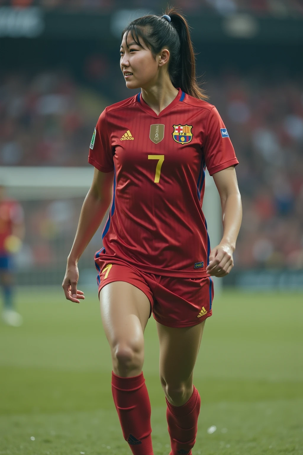 ((1 Spanish girl)), (Laia Manzanares) (35 years old), Ethereal beauty, beautiful eyes, flirtatious smileLong, slick hair, muscularly trained body, playing football and ttry a football dress, best quality, photorealestic, 8K, high resolution, Ultra-realistic, detailed skin, 8K uhd, dslr, Sanftes Lichting, good quality, film grain, Fujifilm XT3