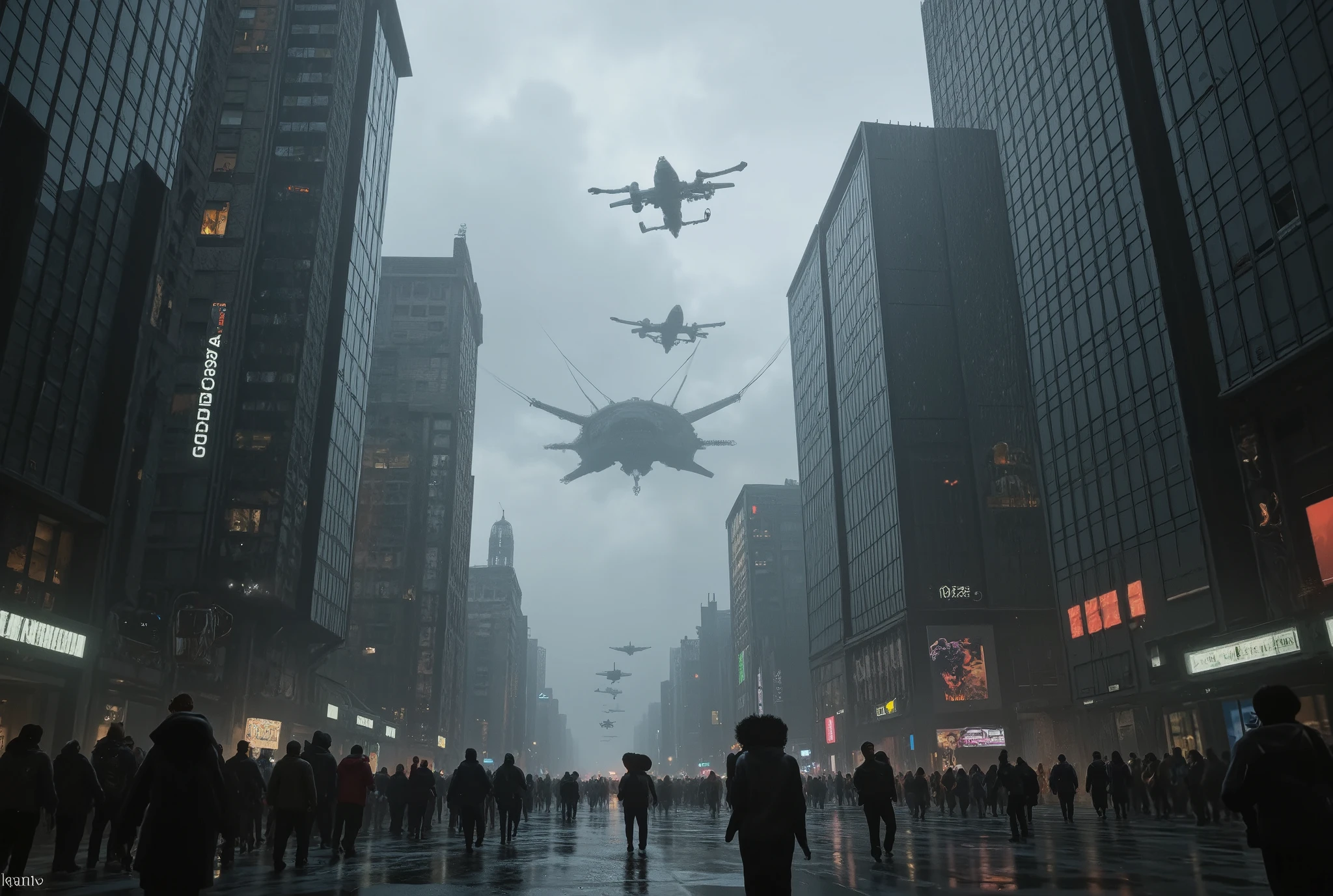  Cyberpunk World War 3 ,  CINEMATIC COMPOSITION,  Fantasy Digital Painting,  very detailed, hyper  is present,  is present, photo is present,   Dynamic Lighting  ,  very detailed,  cinematic scenery, Studio Scenery ,   studio lighting , rain, (((Gunships are flying in the air:1.5))),