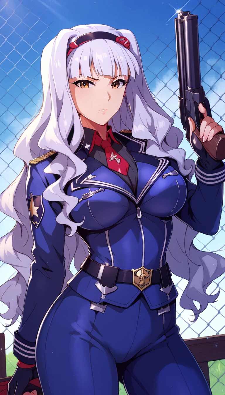 blue cavalry uniform, Musket, (Shijou Takane), long hair, large breasts, Take a gun and aim, Grassland and fence