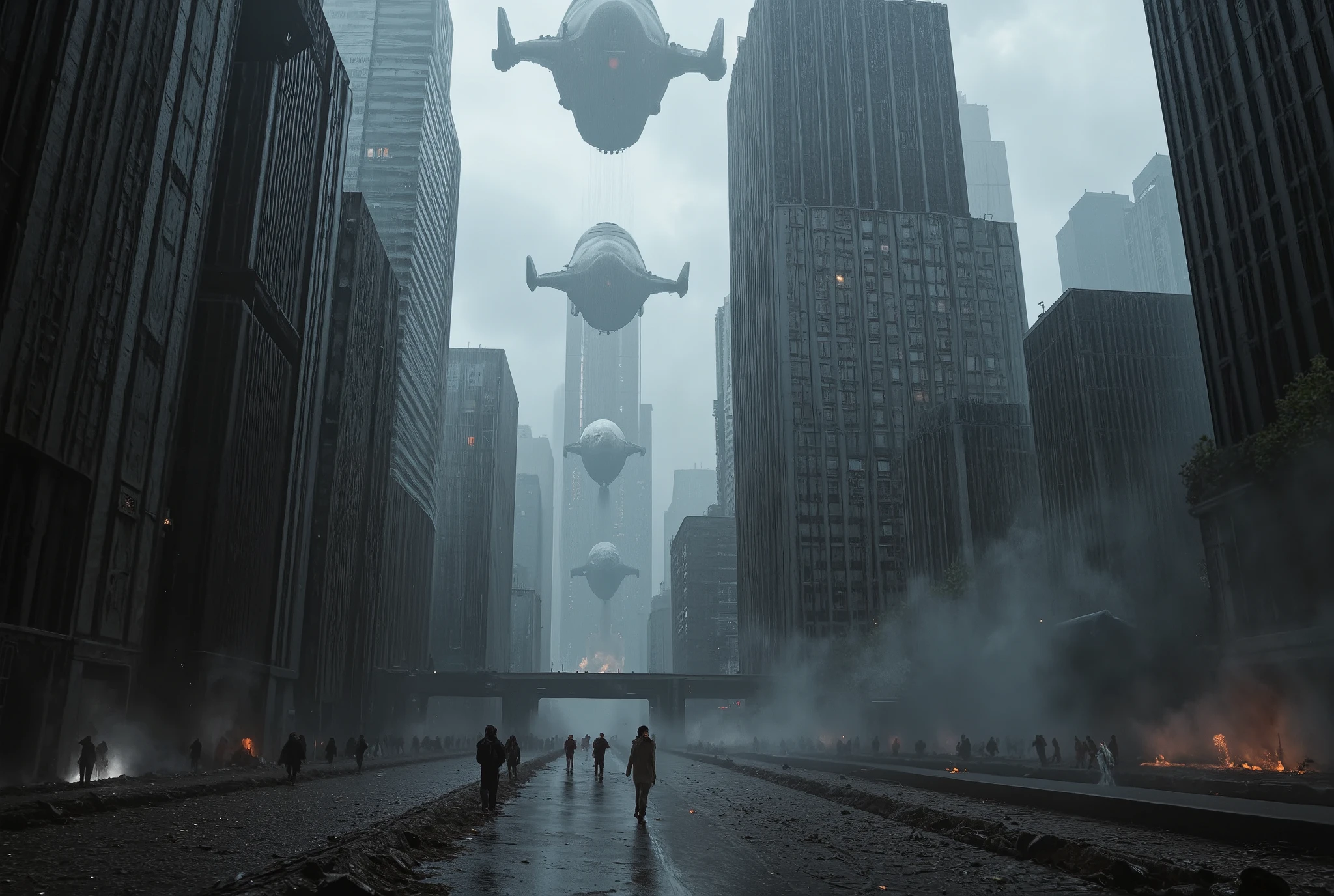 Cyberpunk World War 3 , CINEMATIC COMPOSITION, Fantasy Digital Painting, very detailed, hyper is present, is present, photo is present, Dynamic Lighting , very detailed, cinematic scenery, Studio Scenery , studio lighting , rain, (((Gunships are flying in the air:1.5))),