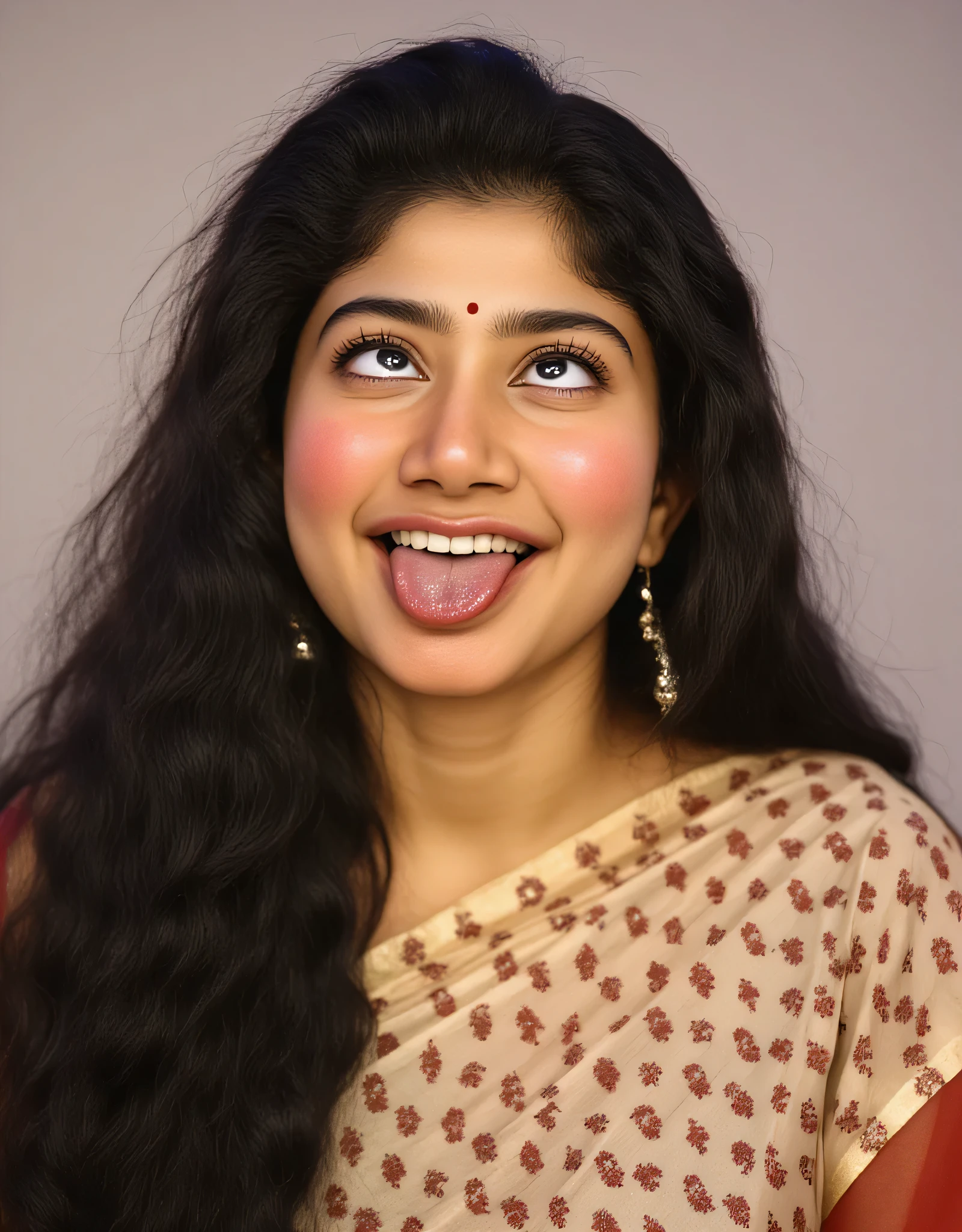 Sai pallavi, indian actress, brown eyes, black hair, beautiful face, brown skin, freckles, curly hair, blush, supermodel face, amazing eyes, (traditional south indian clothes), ((orgasm, moaning)), realistic image, photoshoot, enhanced details, standing straight