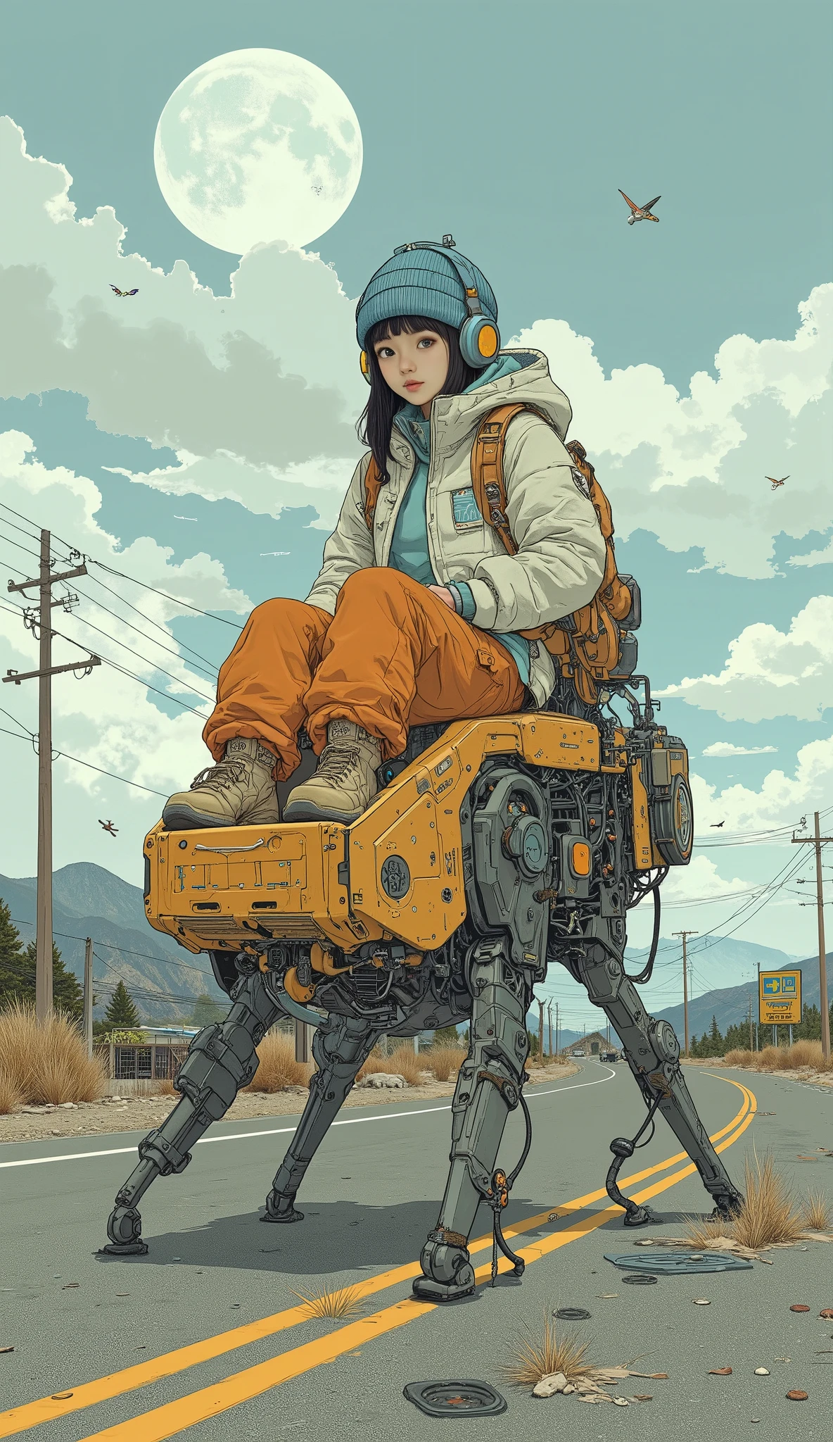  Surrealism  ,  artwork, 8K quality, cute high school girl piloting a small military multi-legged battery、There is a cockpit at the top of the multi-legged battery 、Carrying on an abandoned highway 、 high school girl wearing an off-white and light blue down jacket and loose orange cargo pants, blue knit cap、 headphones、Trekking boots、 Colorful Accessories、 anatomically accurate、