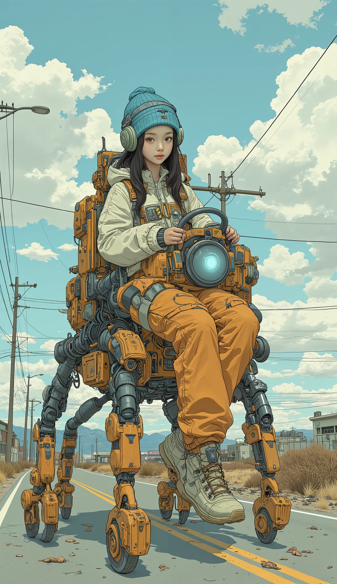 Surrealism , artwork, 8K quality, cute high school girl piloting a small military multi-legged battery、There is a cockpit at the top of the multi-legged battery 、Carrying on an abandoned highway 、 high school girl wearing an off-white and light blue down jacket and loose orange cargo pants, blue knit cap、 headphones、Trekking boots、 Colorful Accessories、 anatomically accurate、