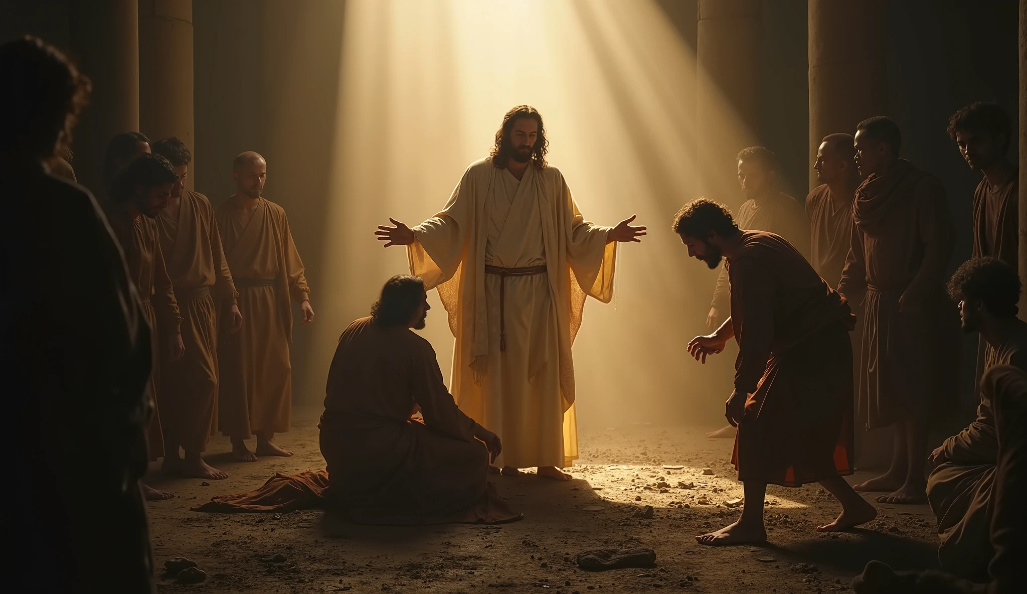 The woman with the issue of blood crawling beneath the crowd to touch Jesus' hem