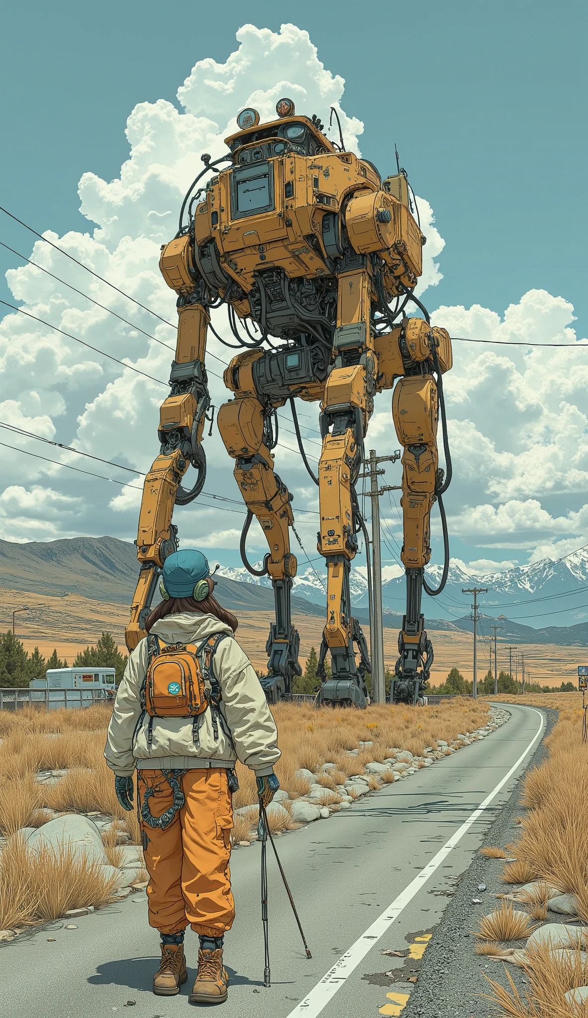 Surrealism , artwork, 8K quality,A cute high school girl piloting a military multi-legged battery、There is a cockpit at the top of the multi-legged battery 、Carrying on an abandoned highway 、 high school girl wearing an off-white and light blue down jacket and loose orange cargo pants, blue knit cap、 headphones、Trekking boots、 Colorful Accessories、 anatomically accurate、