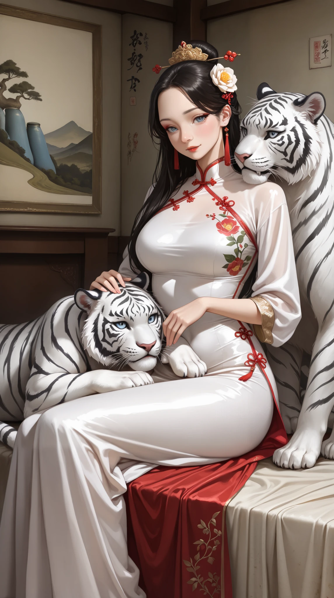 (( best quality)),( super high definition),( very detailed),( Detailed Help ),(( best CG )),( Best Works of Art ), Ultra Precision Art , Amazing Paintings ,(Fine Fine Art :1.5), woman, Exquisite Flower Embroidery , Satin Fabric China Dress, Glamorous Hair Ornament , Clear eyeliner, Cuddling white tiger, Strong Wind Blows Prairie