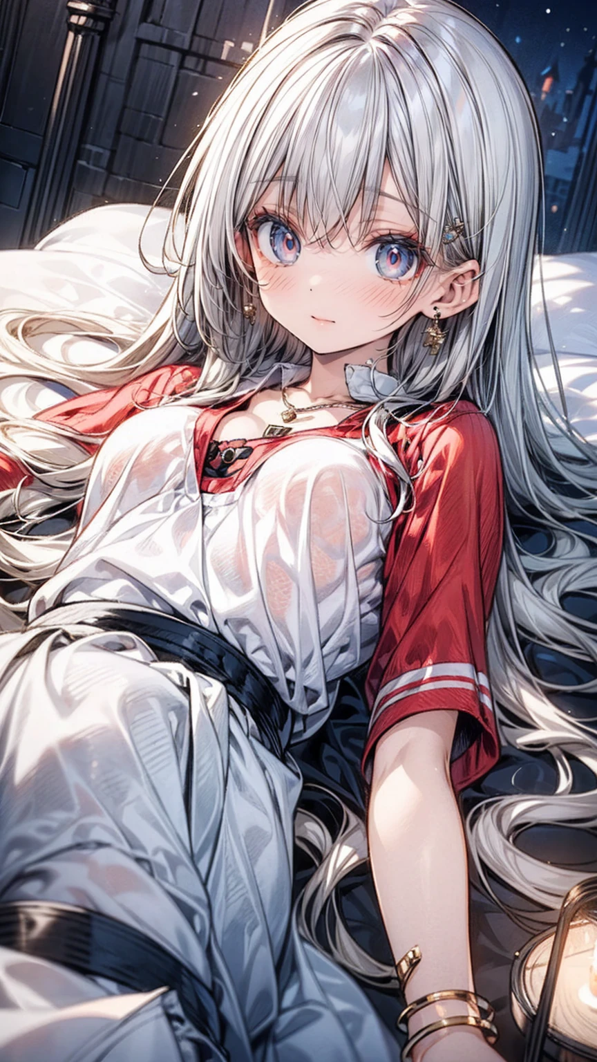 <lora:soine:0.5> soine, bed, pillow, lying, on side, (pajamas:1.2), from side,, ultra detailed, masterpiece, best quality, aesthetic, detailed,, serious, 1girl, (white eyes:1.1), (grey eyes:1.3), white hair, very long hair, parted hair, parted bangs, <lora:parted_hair_v1.3:1.3>, medium breasts,