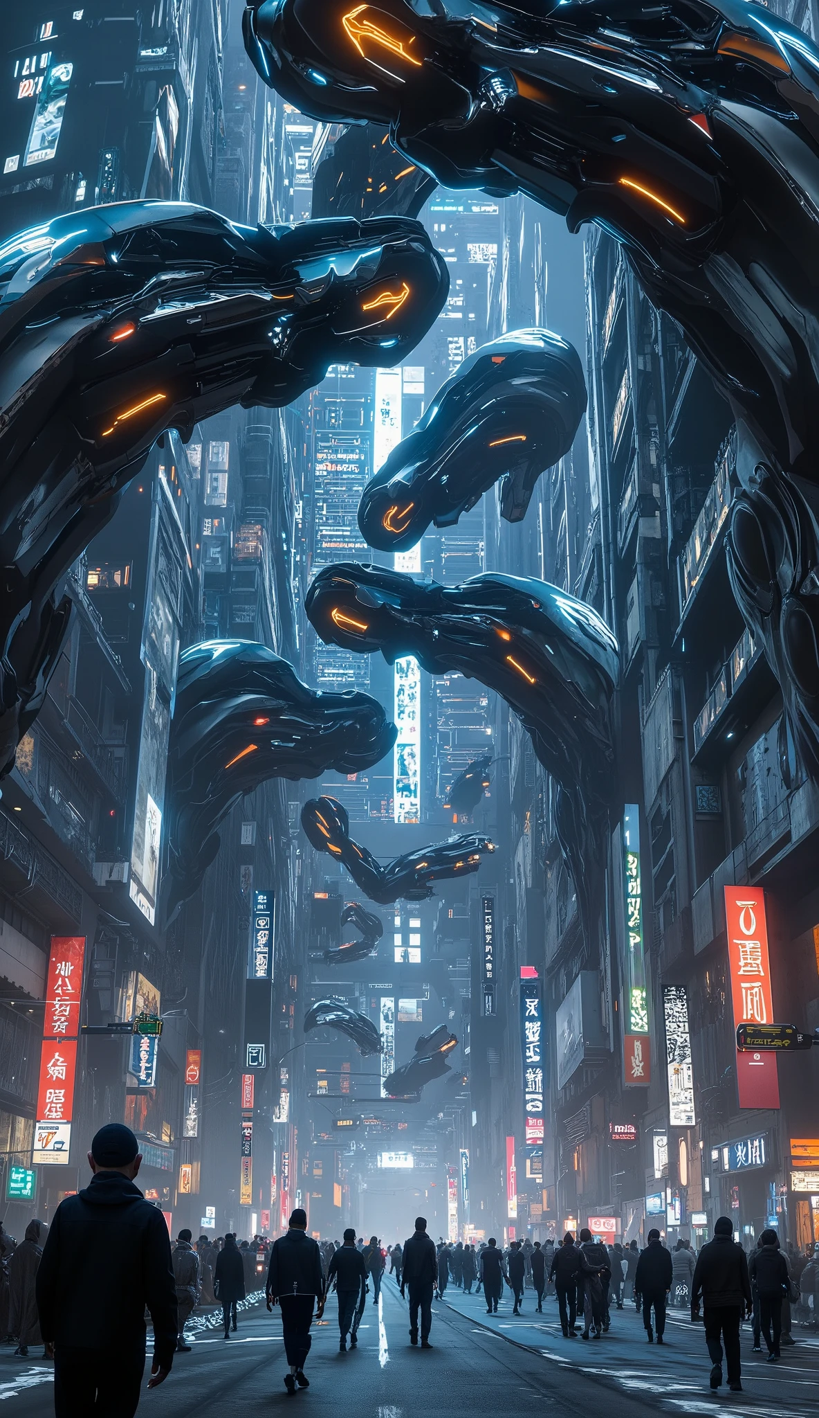 A futuristic city, futuristic buildings , some pedestrians walking through the streets, Cyberpunk-style futuristic cars, at night, night lights,