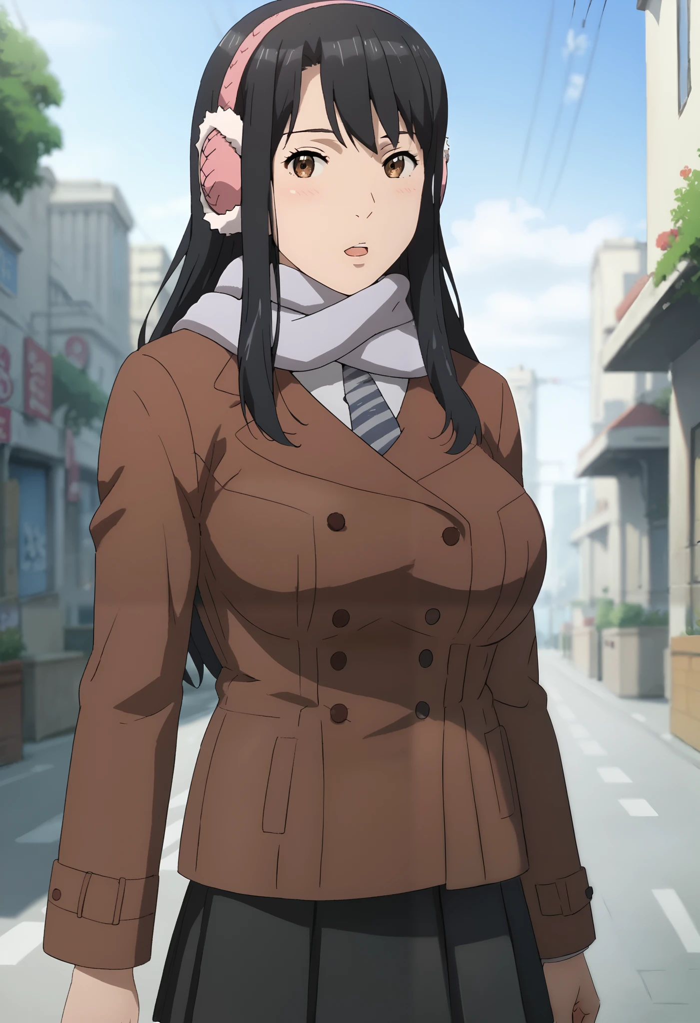 score_9, score_8_up, score_7_up, score_6_up, score_5_up, 1girl, KanaKimishima, black hair, long hair, brown eyes, bangs, pink earmuffs, necktie, grey scarf, brown coat, black skirt, pleated skirt, sexy, female focus, fantasy, expressive, skindentation, skinny, 1female, masterpiece, 32K HD, beautiful attention to detail, detailed eyes, shiny skin, wide lens, perfect hands, perfect eyes, ((2d)), anime, source anime, flat shadows, flat colors, looking at viewer, standing, clothed female, uncensored, ((feet out of frame)), outdoors, city, street, shops, urban, cowboy shot, ultra huge breasts, ultra huge tits, ultra huge cleavages, ultra huge boob,