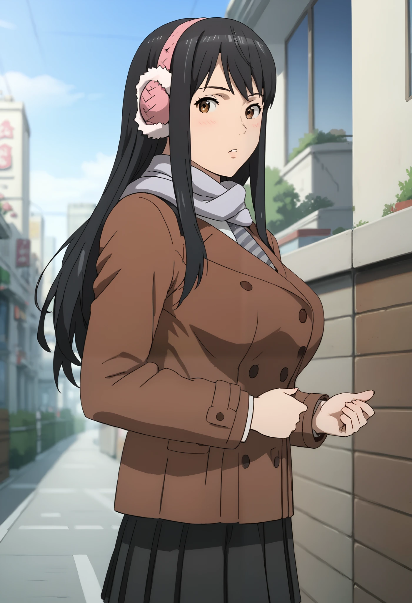 score_9, score_8_up, score_7_up, score_6_up, score_5_up, 1girl, KanaKimishima, black hair, long hair, brown eyes, bangs, pink earmuffs, necktie, grey scarf, brown coat, black skirt, pleated skirt, sexy, female focus, fantasy, expressive, skindentation, skinny, 1female, masterpiece, 32K HD, beautiful attention to detail, detailed eyes, shiny skin, wide lens, perfect hands, perfect eyes, ((2d)), anime, source anime, flat shadows, flat colors, looking at viewer, standing, clothed female, uncensored, ((feet out of frame)), outdoors, city, street, shops, urban, cowboy shot, ultra huge breasts, ultra huge tits, ultra huge cleavages, ultra huge boob,