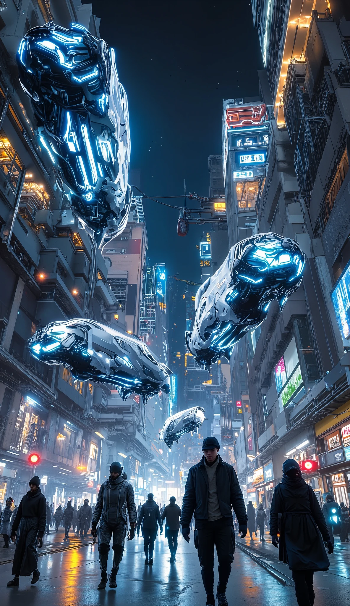 A futuristic city, futuristic buildings , some pedestrians walking through the streets, Cyberpunk-style futuristic cars, at night, night lights,