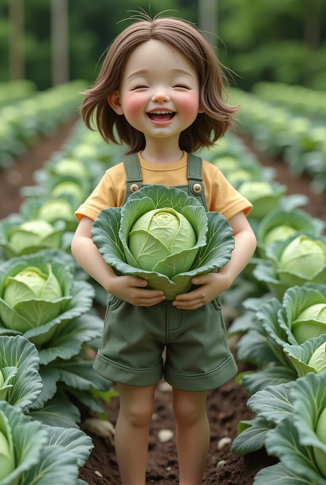photorealistic 、 Doll 、 proudly showing off her cabbage harvest、Laugh happily