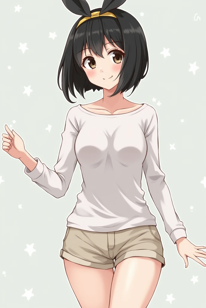 Best Quality, masutepiece, 1girl in, (Solo:1.1), 光线追踪, ultra-detailliert,Detailed face, 8K Wallpaper,  wide hips, Smile, Fuuko Izumo NDV, 1girl in, Black hair, Brown eyes, Large breasts, Short hair, Red Beanie, White T-shirt, shortpants, plein air,ahegao (fucked silly / sexual ecstasy)