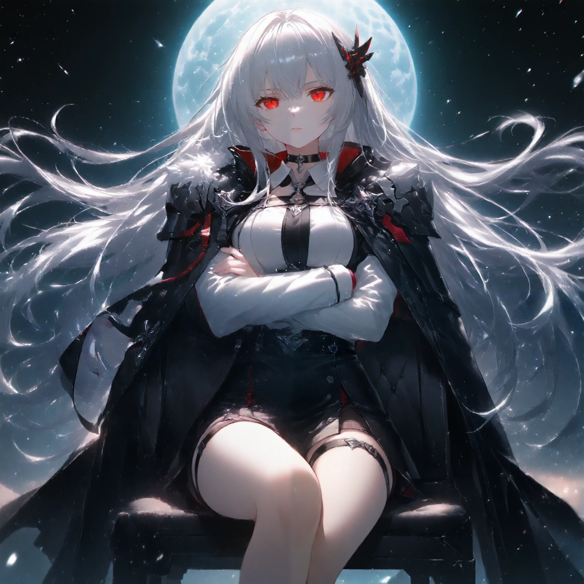 Anime girl sitting on a chair with her arms crossed,  Ark Knights, Nightcore,   White Haired God  ,  silver-haired ,  red eyes, Expressionless, bare thighs,  thigh strap , Choker, black uniform