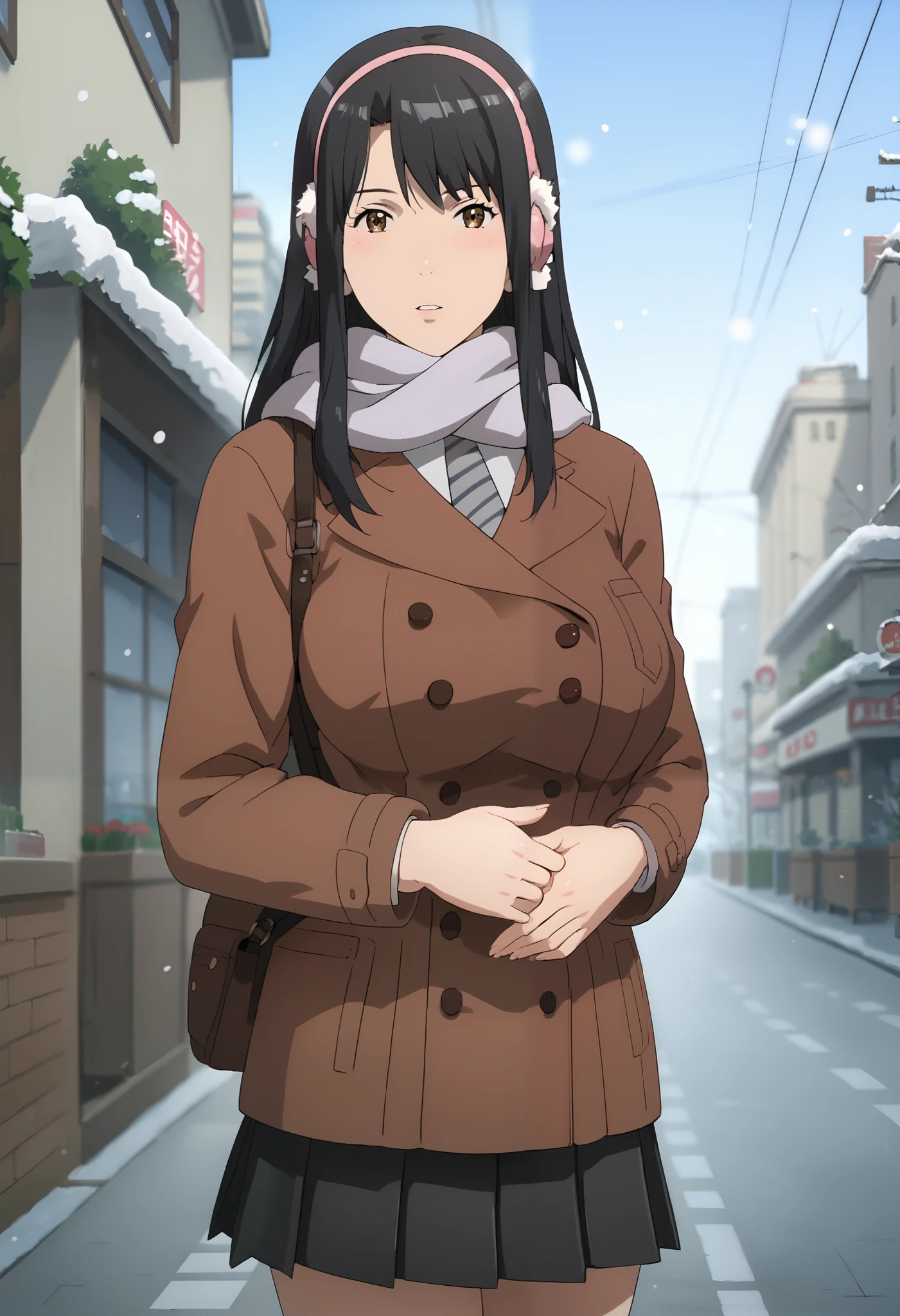 score_9, score_8_up, score_7_up, score_6_up, score_5_up, 1girl, KanaKimishima, black hair, long hair, brown eyes, bangs, pink earmuffs, necktie, grey scarf, brown coat, black skirt, pleated skirt, sexy, female focus, fantasy, expressive, skindentation, skinny, 1female, masterpiece, 32K HD, beautiful attention to detail, detailed eyes, shiny skin, wide lens, perfect hands, perfect eyes, ((2d)), anime, source anime, flat shadows, flat colors, looking at viewer, standing, clothed female, uncensored, ((feet out of frame)), outdoors, city, street, shops, urban, cowboy shot, ultra huge breasts, ultra huge tits, ultra huge cleavages, ultra huge boob, (((winter snowing))), (steam:1.45), 