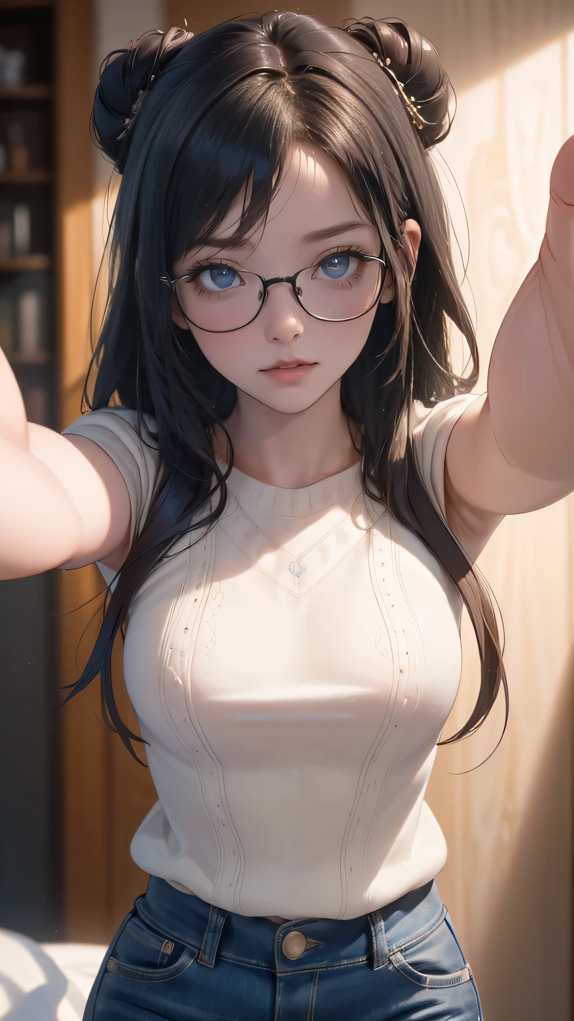 View your audience,Leaning forward,(Random cute clothes),(Random animation pose),(Thin type),(Large Breasts),(Random hairstyle),(Best image quality, (8K), Ultra-realistic, 最high quality, high quality, High resolution, high qualityの質感, Attention to detail, Beautiful details, Fine details, Extremely detailed CG, Detailed Texture, Realistic facial expressions, masterpiece, in front),(Wearing glasses:1.1)