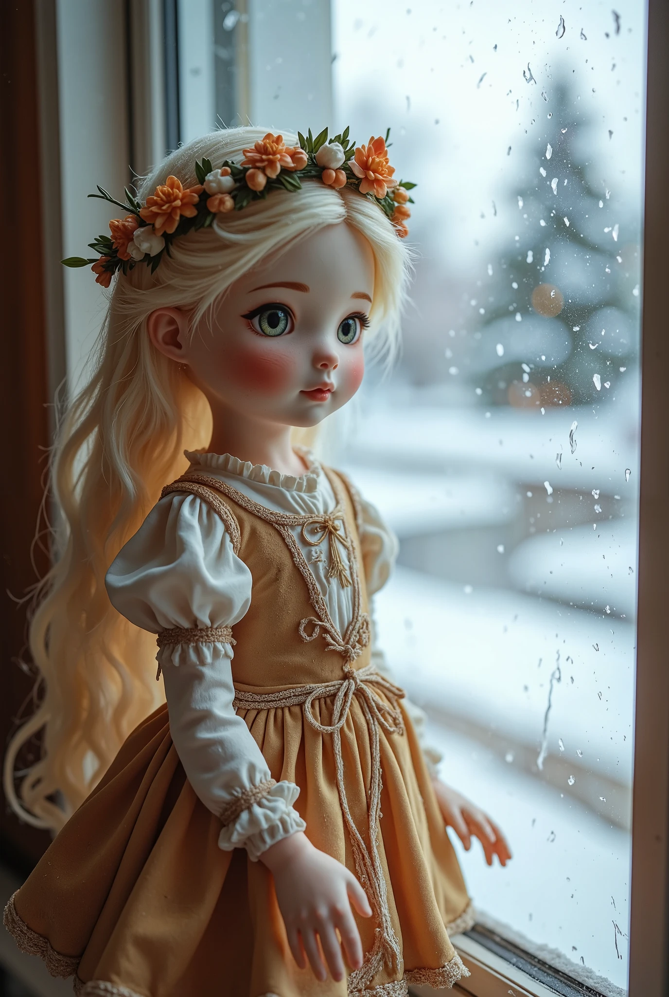 is a photorealistic image of a 10-inch doll, and the details of the 、 doll's fantasy outfit and sculpture are sharply defined。It's placed on the window side and the outside of the window is a snowy landscape。
