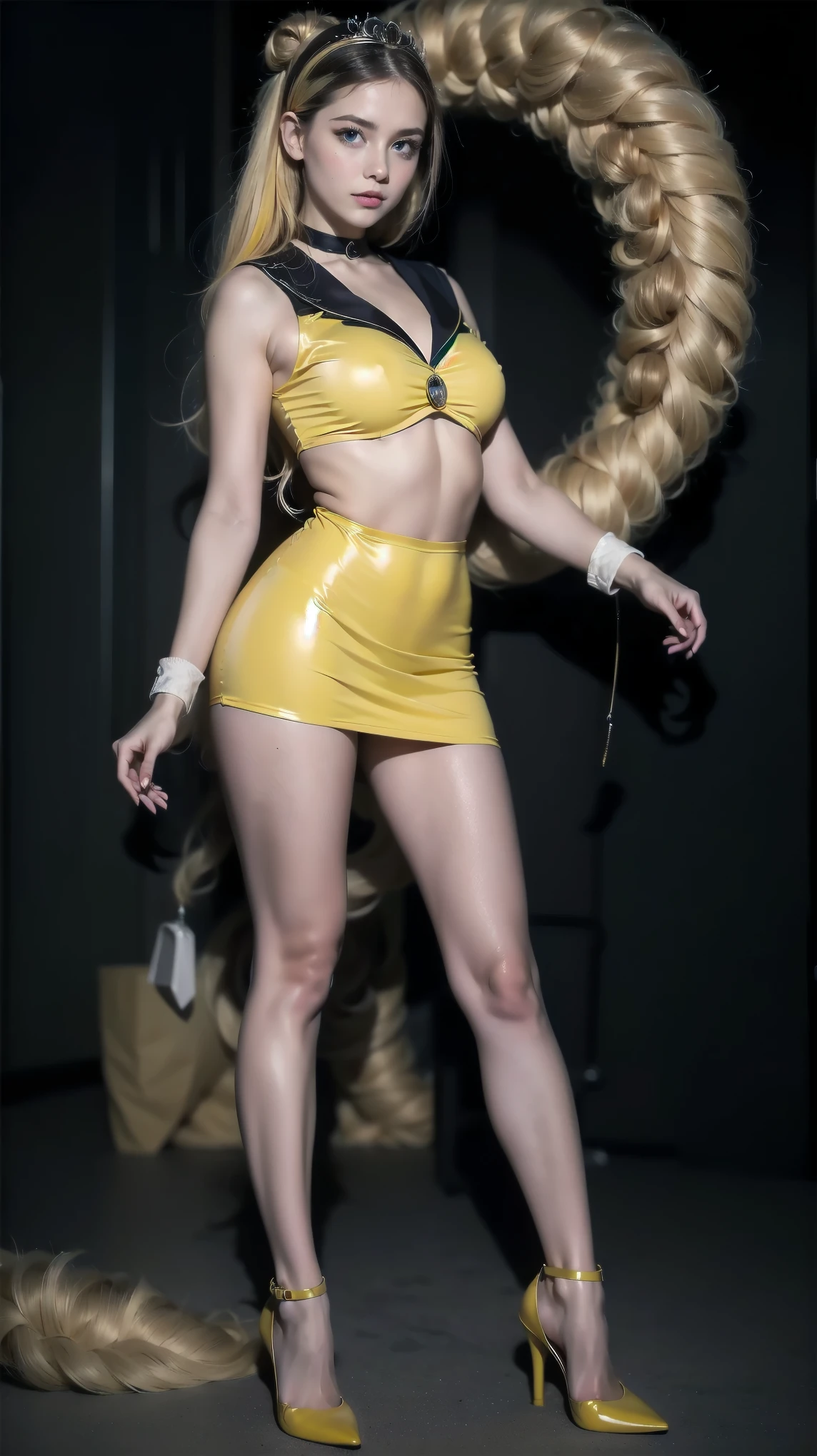 A blonde girl, looking like Ariana Grande, With a ponytail in her hair, She wears a completely golden outfit and sticks to her body, the outfit is long sleeved and on the body is a different kind of merely golden color low-cut golden cropped, Gold simple trousers, she is wearing purple high heels and wears a purple glove on her right hand, full bodied, highly detailed, full body view, full black background