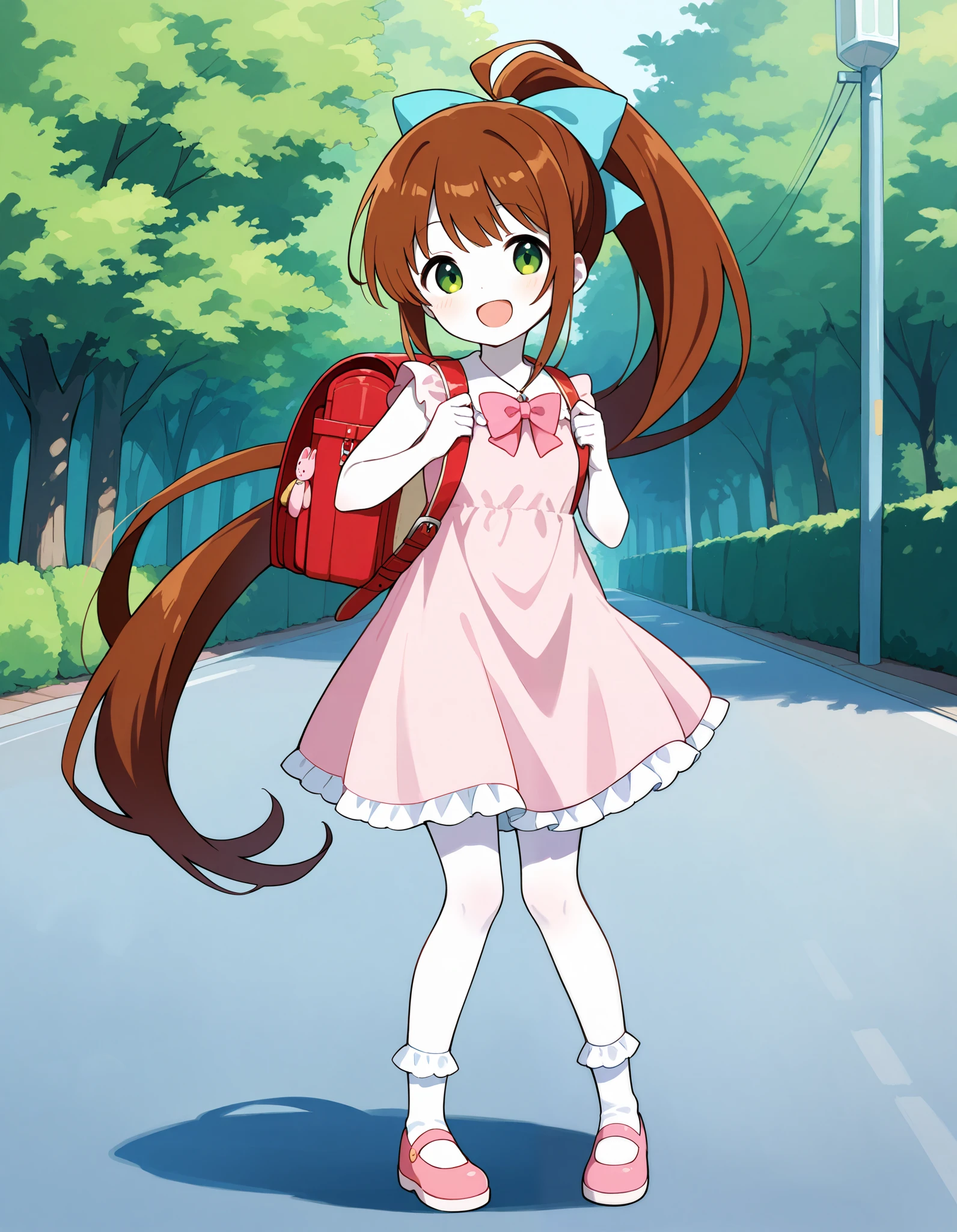 Hd, (girl:1.2) (slender body) (thin body), monika, green eyes, brown hair, very long hair, ponytail, hair ribbon, (white skin) happy and confident expression. full body, (ch1ldren playing), short girl, cute girl, (loli:1), (ch1ldren:1.2), long straight hair, thin legs, flat chest, flat breasts. (happy, smile, cheerful), Standing, outdoor, wearing dress, pink dress, frilly dress, white socks, pink shoes, bowtie, wearing randoseru backpack, pink backpack
