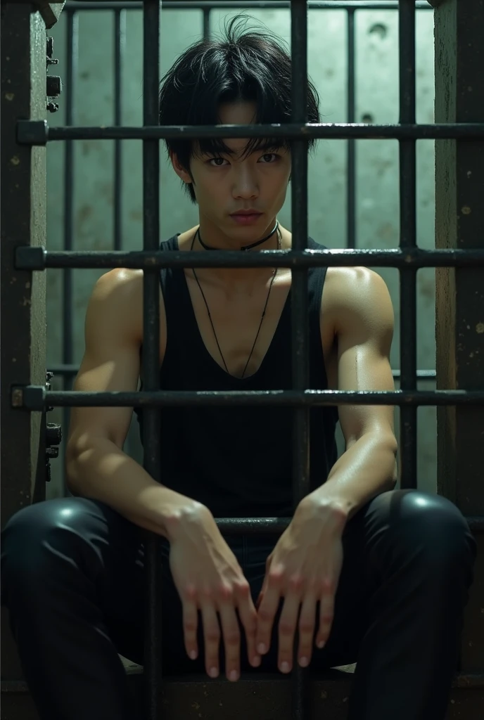 a shirtless skinny young man in wet leather pants screams while locked up inside cage jail cells