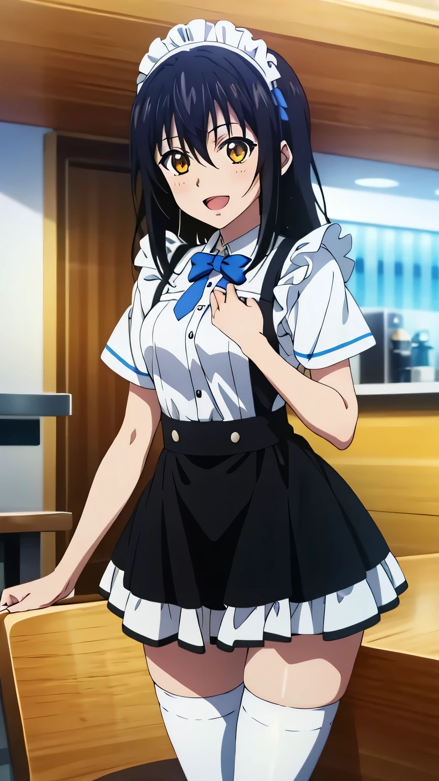 {{{masterpiece}}}, (best quality:1.5), (ultra-detailed:1.5), {illustration}, {{an extremely delicate and beautiful}}, (beautiful detailed eyes:1.6), absurdres, highres, extremely detailed face, 16k, hd, visual anime de uma jovem mulher, extremamente bonito rosto de anime, anime melhor garota, (perfect hands, perfect anatomy), anime face, Himeragi Yukina(Strike The Blood), 1girl, solo, cute face, medium hair, front hair, black hair, hair between eye, (yellow eyes:1.3), (High resolution eyes, Beautiful eyes, Light in the eyes), flushed cheeks, medium breasts, big hips, curvaceous, BREAK, maid attire, (black maid outfit:1.2), short sleeve, short skirt, white apron, headdress, white collar, (white thighhighs:1.3), black shoes, thighs, zettai ryouiki, BREAK, standing, open mouth, flushed cheeks, sorriso alegre, smiling, open mouth, visual anime de uma jovem mulher, extremamente bonito rosto de anime, anime melhor garota, indoor, daytime, Cafe, (cowboy shot:1.5), (bust shot:1.3)