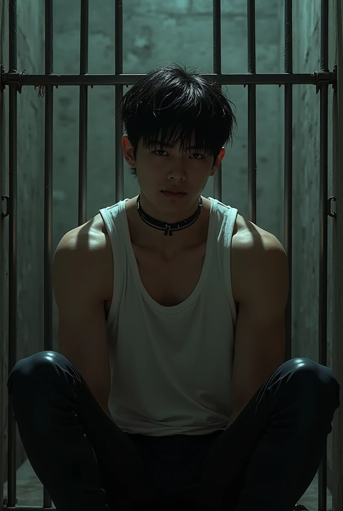 artwork best quality a handsome young american male ager with black hair and bangs wearing black clothes in captivity, chained with chains on each arm attached to the wall, hands acorrentado and whole body restrained, black suit without a blouse underneath, It seems difficult, implacable, black fantasy, realisitic, digitl art, trends on ArtStation, sharp focus, studio photo, details Intricate, seen from a distance, very detailled, Depth of field, Unreal machine, perfect composition, 8K americano