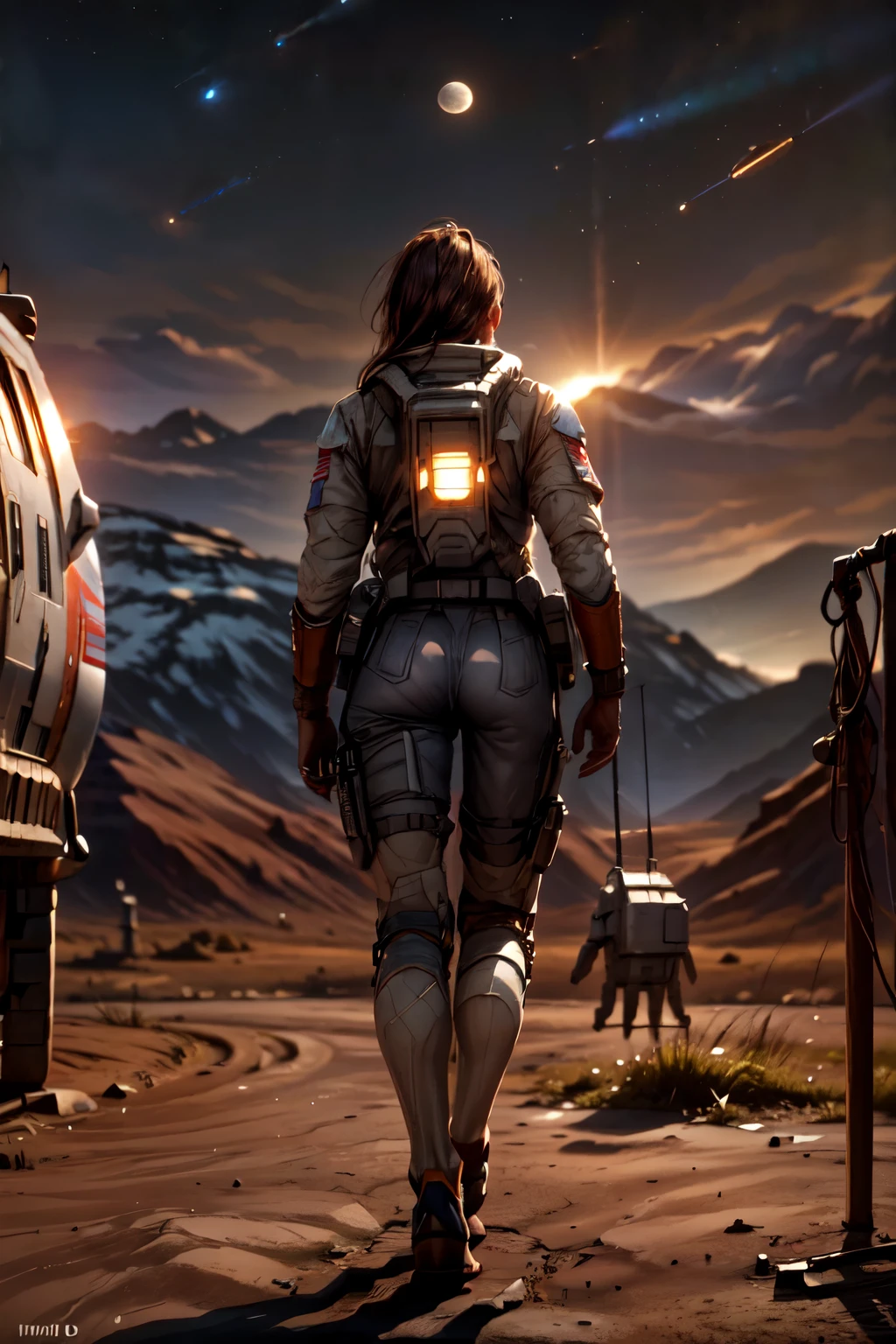 a space module landing on the surface of a planet, 8k highly detailed, photorealistic, cinematic lighting, dramatic, epic scale, realistic space shuttle, moon rover, astronaut walking on the moon, American flag, craters, rocky terrain, planets or moons visible in the background, dramatic shadows, vivid colors