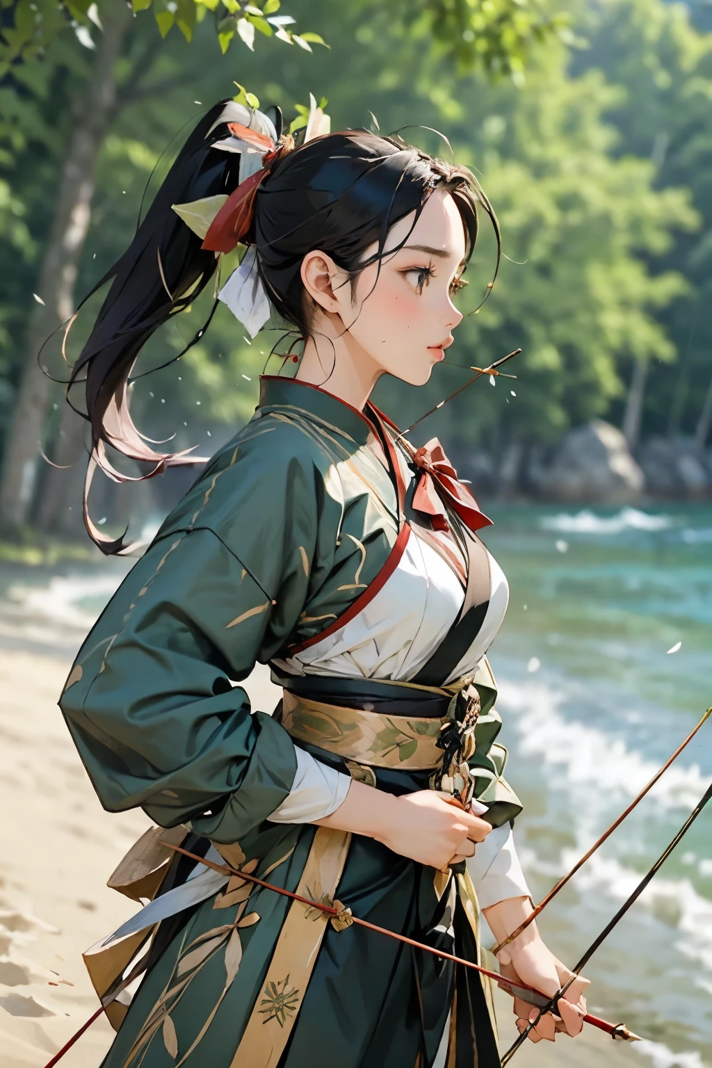 (masterpiece, best quality:1.2), Yabusame, Beautiful girl holding a cucumber, Equestrian , (From the right:1.2), ( with a bow in the left hand:1.2), longbow, (Hold the arrow :1.2), (Kaburaya:1.2), Kyudo Draw, extended arm, Black Well Hand, Deerskin leather , Running Horse, Red Munagi, Sea side,