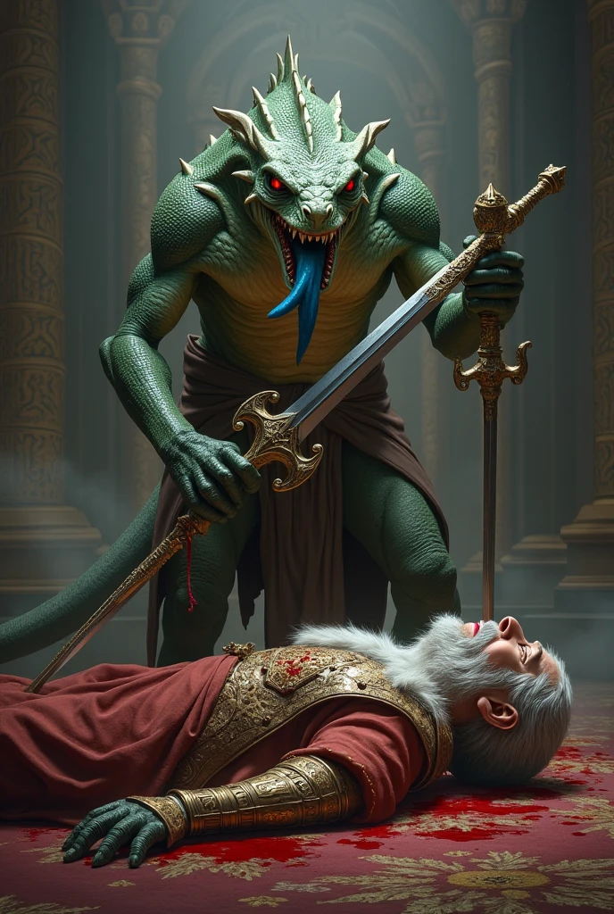 An old human with a dragon's head , sentado em um trono , clima sombrio vestindo um palito verde , elegante , detalhado 8k , realista , fundo do cenario molhado , chao realista molhado