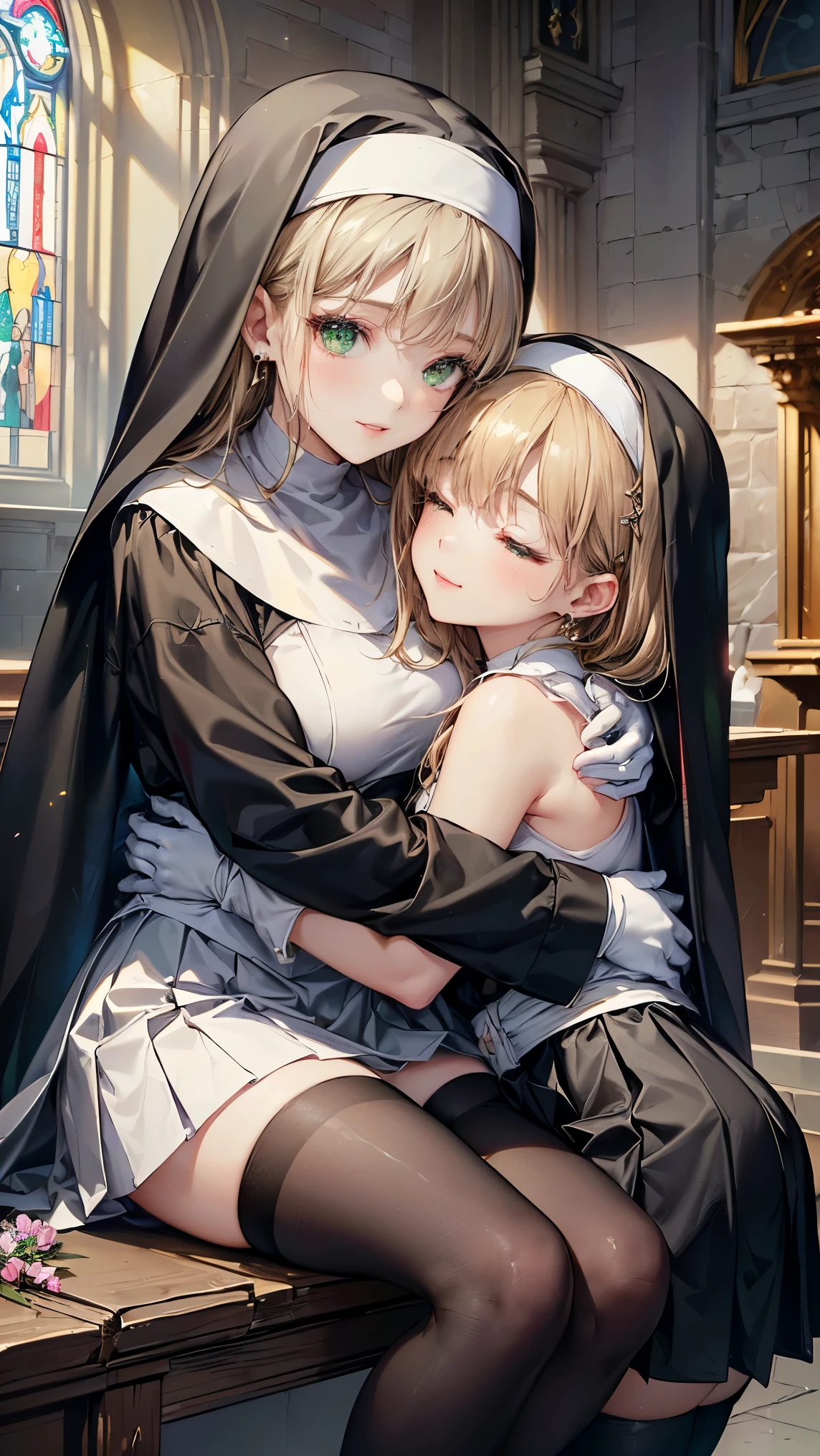  long blonde hair  ，(( beautiful green eyes ))，(( nun in religious costume sleeping on a book  ))，((4K，8k，CG Unity，Masterpiece，Masterpiece， best quality:1.5))，Official image，Perfectly correct anatomy，(( is present:1.2))，  bust up，Perfect beautiful girl ， very cute face， beautiful woman， Supermodel  ， Beautiful Touch in Every Detail ， beautiful lips， High Definition Acrylic Painting  ， Very Beautiful and Smooth Hair  ， Professional Writing ，((They are hugging the girl as if they were compassionate:1.3))，Perfect hand shape，(( black pleated micro mini skirt， black thigh high stockings ，white gloves， Small Sparkling Earrings )) ， Stained Glass，altar， church background，((Gentle smiling expression))，Very cute，Best Work of Art ，Very healing atmosphere 