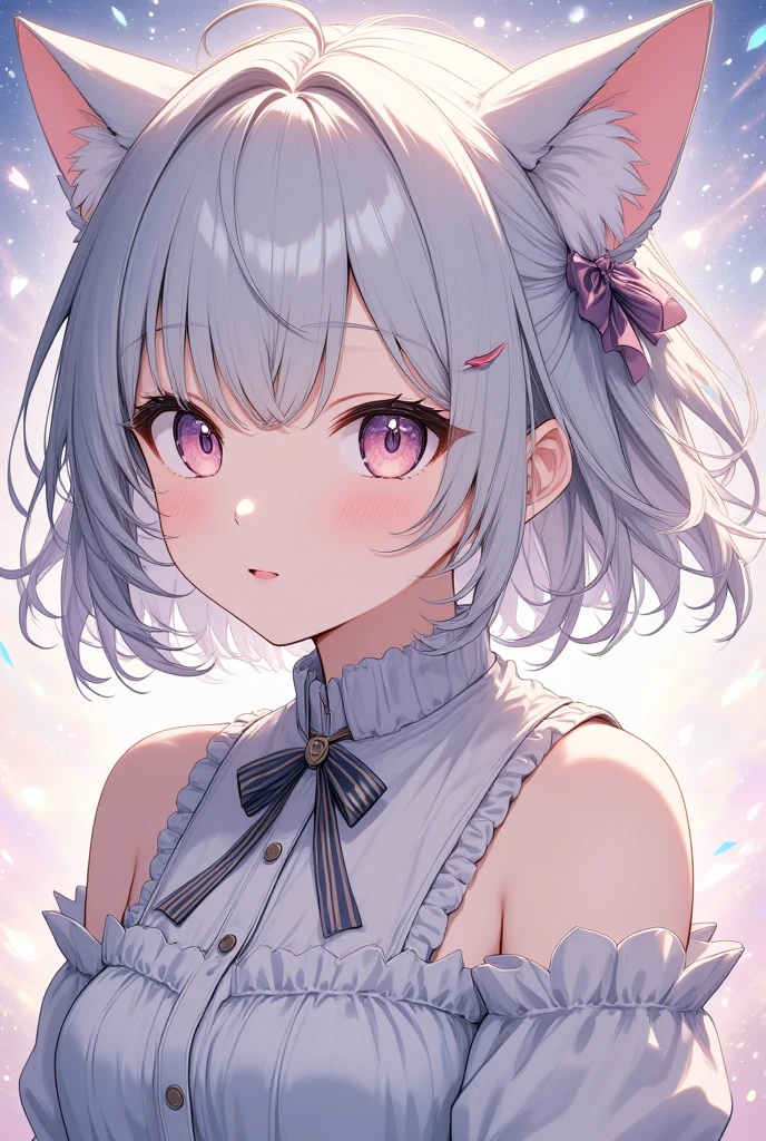 (Ultra-high resolution,masterpiece, Attention to detail, Highest quality), 8k,(Green porridge, short hair, Ahoge, Animal ears, Feline tail, Black collar, Neck ribbon, Purple ribbon, clavicle, Cleavage, Dress shirt, Collared shirt, Button gap, Black jacket, Open clothes),(Blessed,Captivating body、Ultra-detailed skin、Very beautiful eyes、Detailed Background),One Girl、 (Hilarious ,enjoy :1.5),