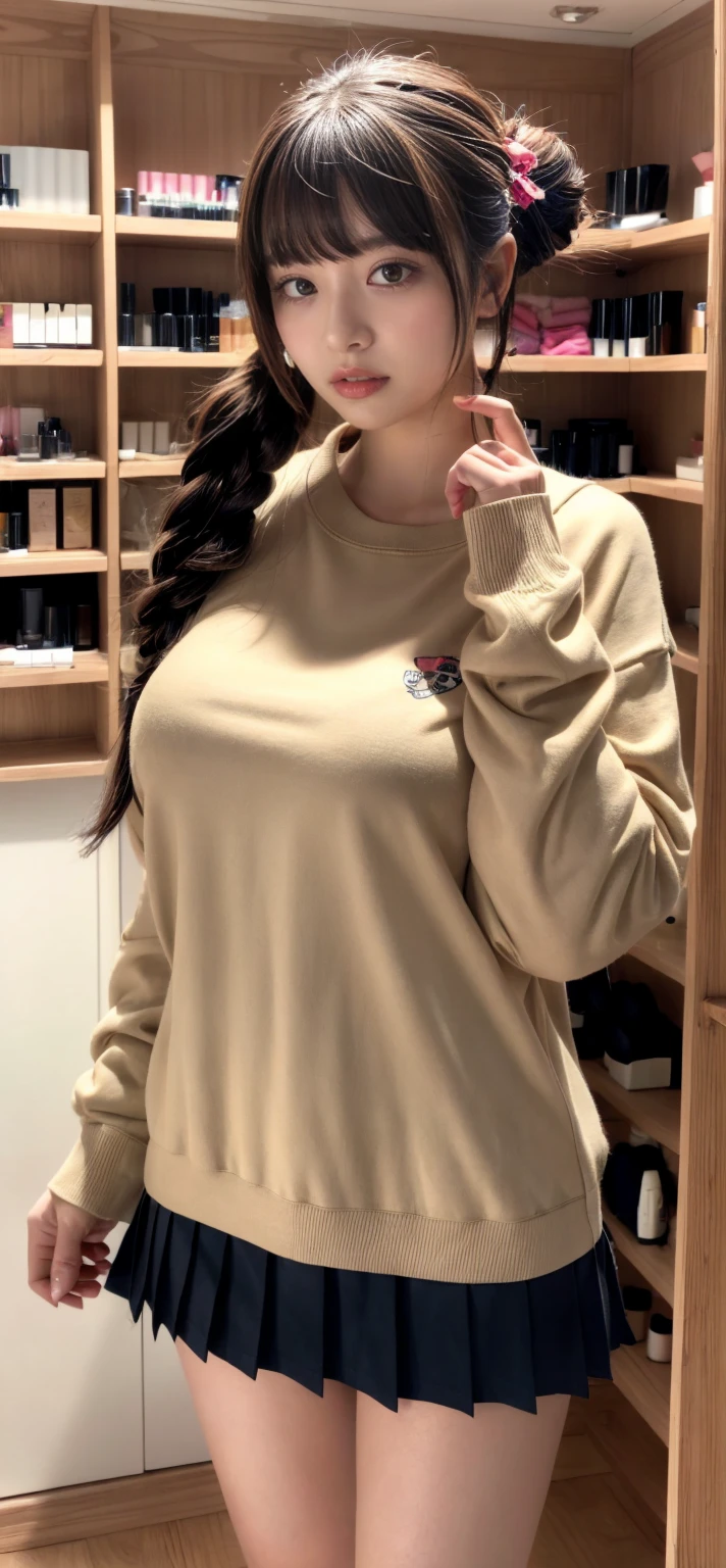 (8K, RAW Photos, Highest quality, masterpiece:1.3), (professional photography, full colors, studio-caliber color grading), (Gravure quality for high-end fashion magazines), close up, BREAK, 20 year old girl,(short bob hair:1.1), crying a little, Harajuku style, Big Natural Color Lip, (Plumpy body:1.2), (smooth skin:1.1), (huge breasts:1.2), (expresses the roundness and softness of the chest area..1.1 (Emphasize body line:1.1 BREAK (Highly detailed and elegant applique cotton jersey sweatshirt made of cotton jersey。, Pleated skirt, Features a relaxed and relaxed silhouette. BREAK (hotel room:1.2)