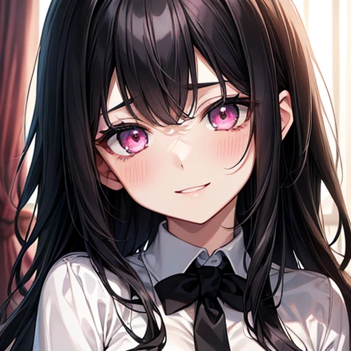 (highest quality:1.2,evil lady,cg, Very detailed, High Detail, digital coloring, High Contrast, masterpiece:1.2, highest quality, Best aesthetics), 8k,masterpiece, cute,tall,beautiful,best quality, 1lady,black hair,long hair,empty eyes, (finely detailed glowing eyes and detailed face),,,,extremely detailed cg unity 8k wallpaper,solo,(latex military costume:0.9),large breasts,seductive smile,,latex thighhigh,large breasts,black hair,pink eyes,formal shirts,pantyhose,,enamel suits,grossy lips,sitting,,sadistic smile,,heel,shiny skin,tight skirt,detailed face,beautiful body,,adult,,show me breasts,sadistic,seductive smile,business suits,latex,no tie,bust hot
