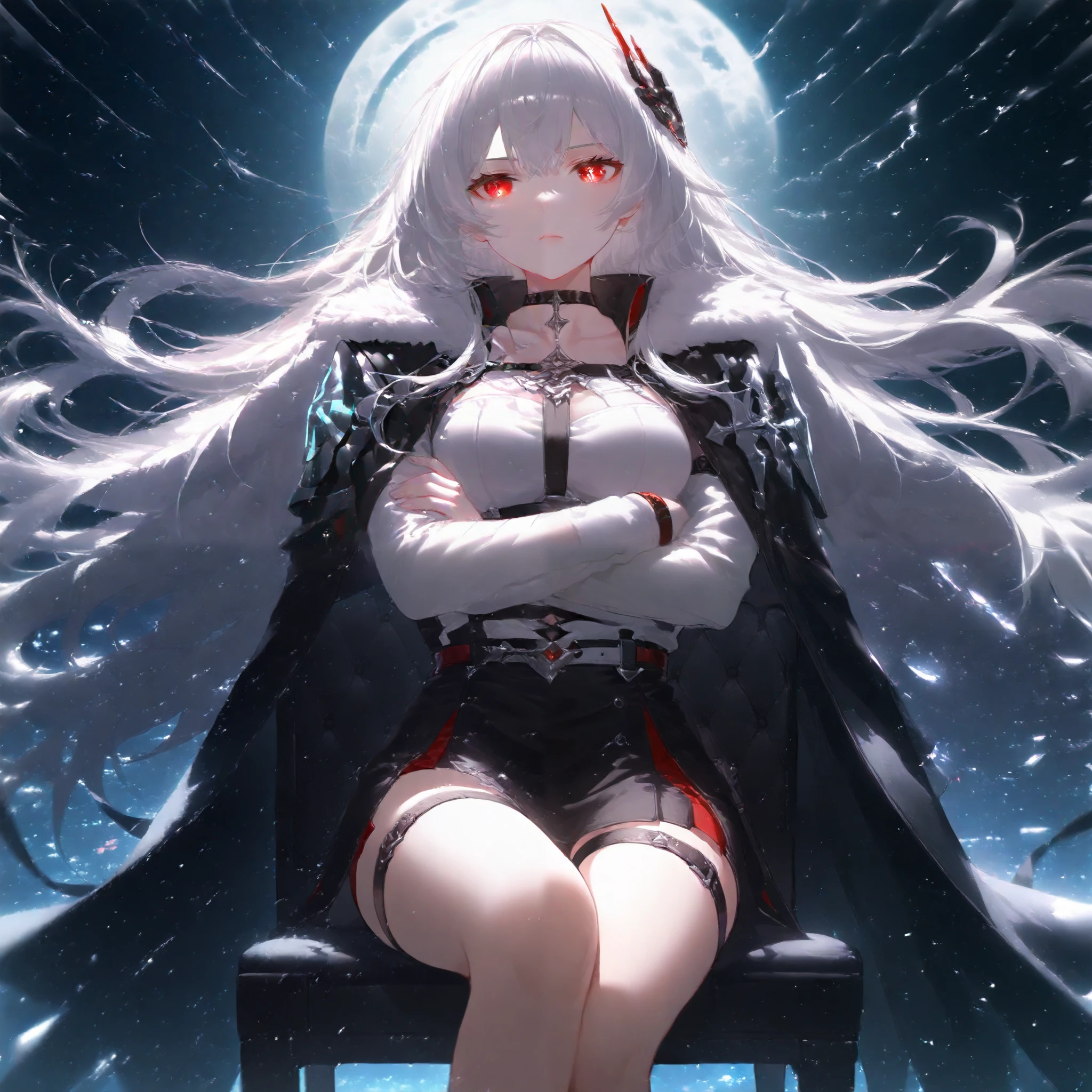 Anime girl sitting on a chair with her arms crossed, Ark Knights, Nightcore, White Haired God , silver-haired , red eyes, Expressionless, bare thighs, thigh strap , Choker, black uniform,