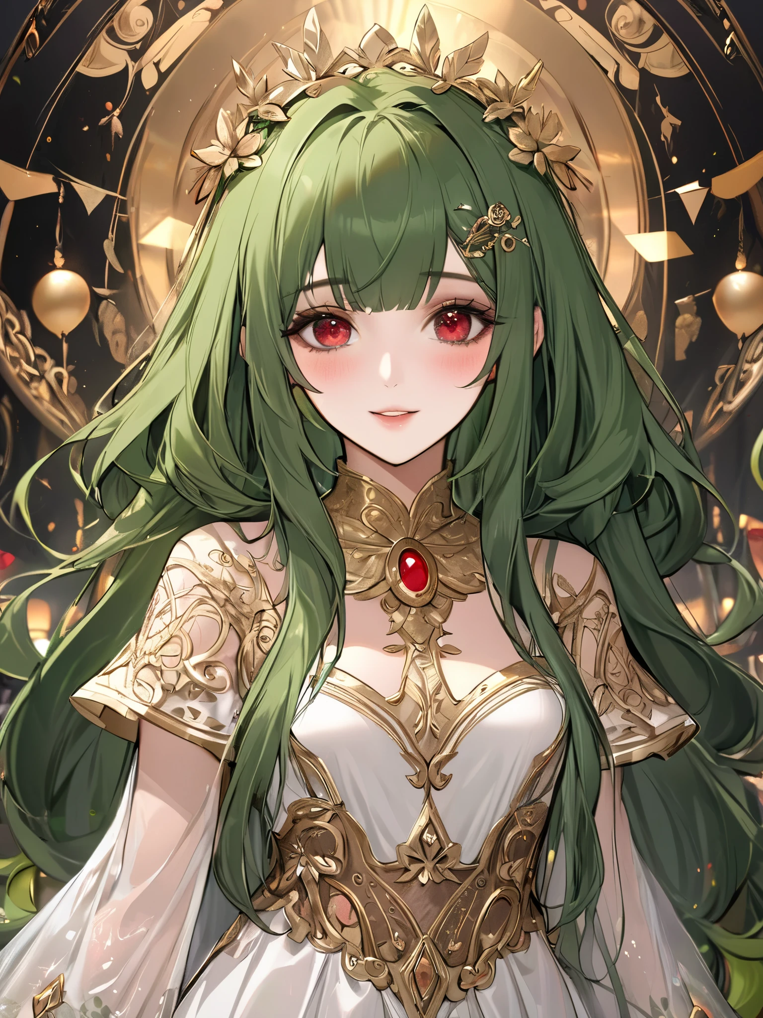 (extreamly delicate and beautiful:1.2), 8K,(masterpiece:1.0),(best_quality:1.0), 1 girl, and intricate detailing, Enlarged textures, and intricate detailing, finely eye and detailed face, and intricate detailing, green long hair, (sweet smiley, little blush), Perfect eyes, Equal eyes, red ruby eyes (A famale god) with golden Yunani romawi lady dress, look at camera, green long HAIR, Red ruby EYES, green long HAIR, red ruby EYES, Full body, with aula party background, golden Yunani romawi lady dress, hairpin like Laurel crown yunani, perfect body, aula party fantasy background
