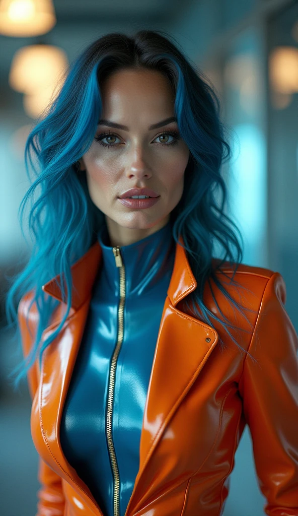 cinematic photo (full height:1.3), a mesmerizing  (((ohwx woman)))  As Mystique from X-Men, in her signature blue skin and red hair, against a backdrop of X symbols and fellow mutants., inspired by Krenz Cushart, neoism, kawacy, wlop, gits anime, Her fiery, red hair symbolizing her volatile nature and complex identity.   <lora:emirata_sdxl_32b:1> . 35mm photograph, film, bokeh, professional, 4k, highly detailed