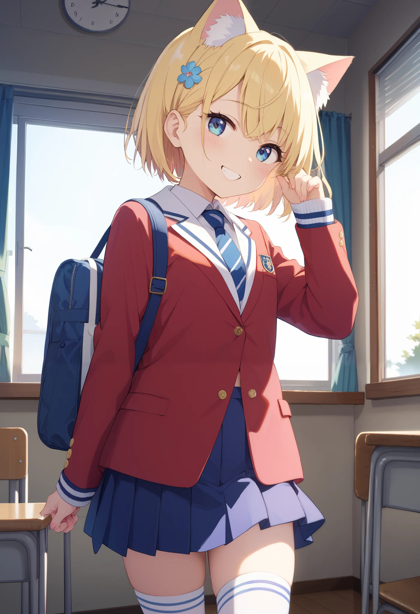 high quality high school girl Cat ear School Transparency beautiful girl random pose Mikoto rose huge boobs white sailor suit navy blue mini skirt white knee highs beautiful skin smile Bob Cut Blonde Hair、 Brilliant Sunrises 、Classroom from Another World 、Good morning scene、Winter clothes、Winter uniform、 long sleeve blazer