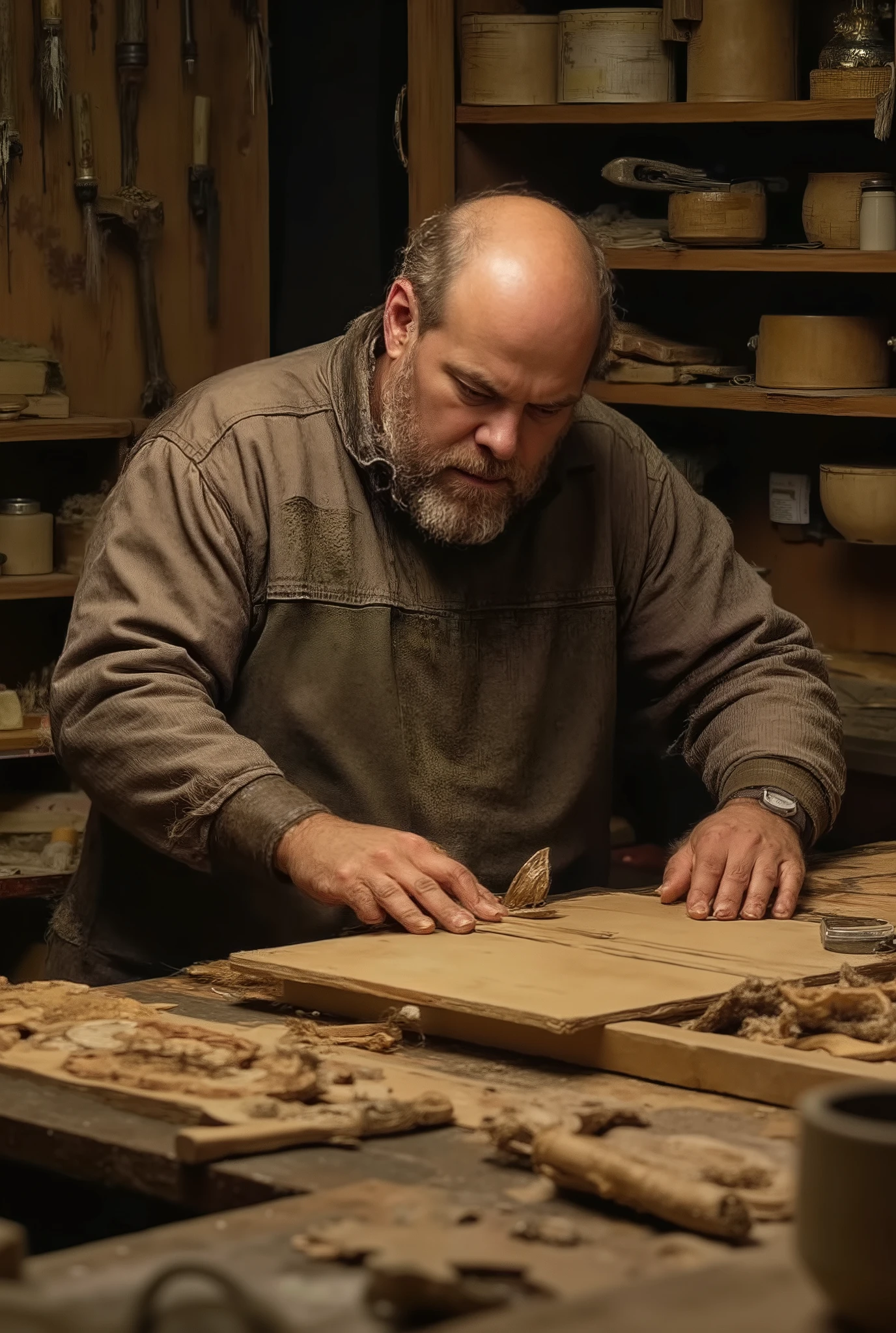  A bald man with bristles works in a workshop, creating unique wooden items 