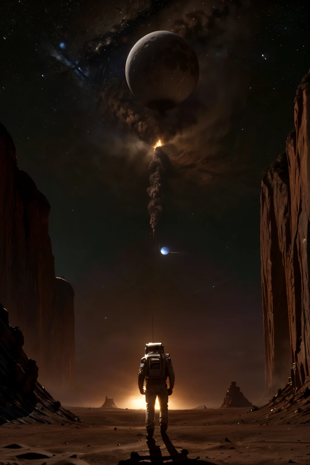 a space module landing on the surface of a planet, 8k highly detailed, photorealistic, cinematic lighting, dramatic, epic scale, realistic space shuttle, moon rover, astronaut walking on the moon, American flag, craters, rocky terrain, planets or moons visible in the background, dramatic shadows, vivid colors