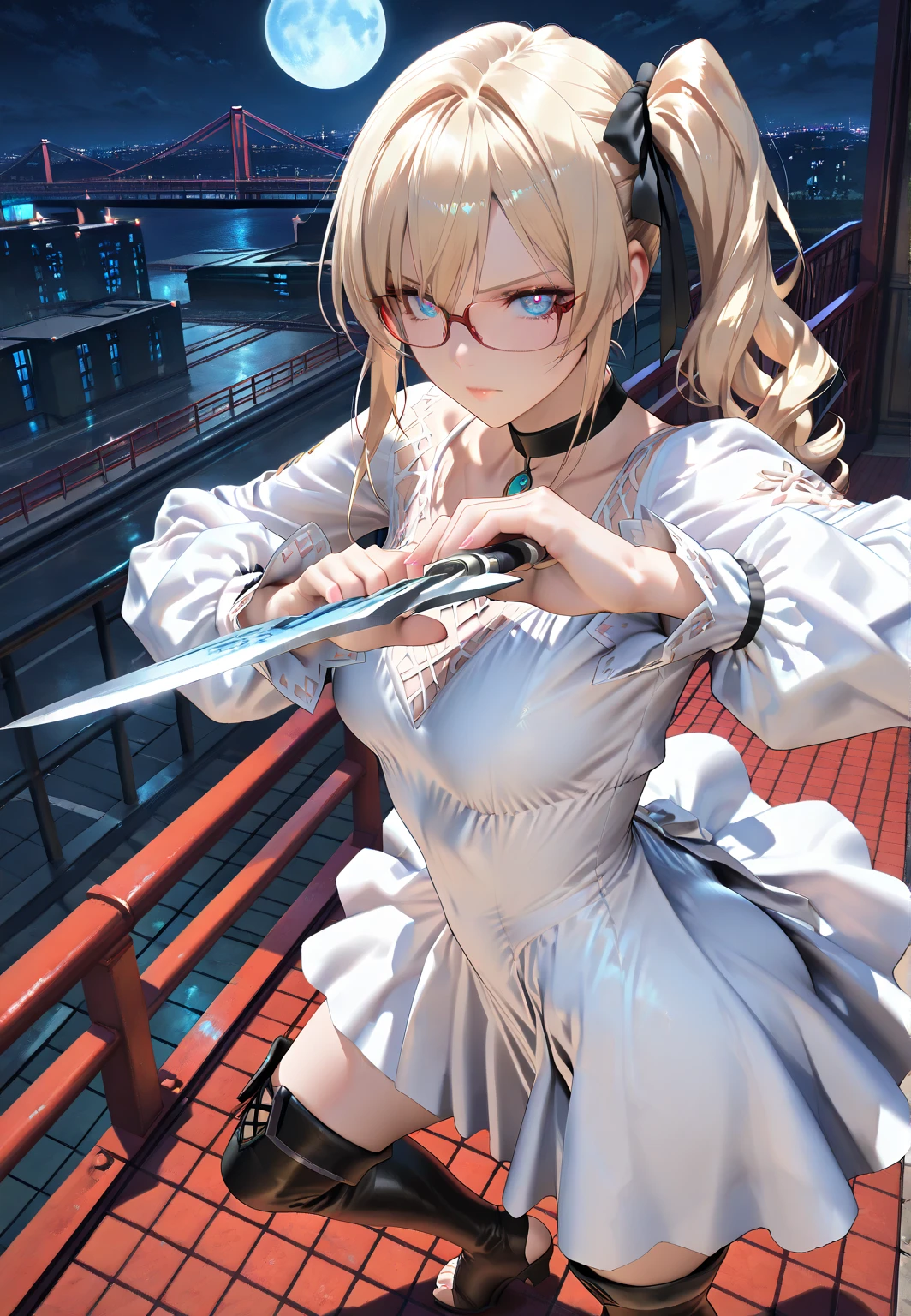 Looks about 20,(beautiful girl: 1.3),Highest quality,8k,Highly detailed CG unit wallpaper,masterpiece:1.2,top-quality,Ultra-high resolution,RAW Photos,real texture skin, photorealistic, Cinema Lighting,Huge buildings,metropolis,Big, round, beautifully shaped butt,),(Perfect hands, Perfect Anatomy), BREAK, (Medium Small breasts), Perfect Face, Symmetrical face, (glossy skin:1.6), beautiful shiny lips, solo, breack, ((Beautifully hand-drawn)), ((light Blonde)), ((white dress, long sleeves, thigh boots, toeless footwear)), ((Swaying side ponytail)), short wavy hair, hair ribbon, ((Blue Eyes)), Glowing_eye, (((eyes open))), closed mouth, (((({red slim glasses})))), BREAK, (Holding a weapon in hand, gripping silver Simple blade knife, aiming a gripping silver blade knife,), ((from above)), midnight sky, BREAK, bayside, high place, (((huge red bridge))), fullmoon, black choker, ((eye focus)),