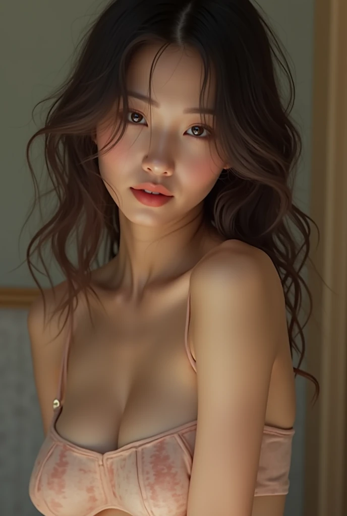 best quality, ultra high res, (photorealistic:1.4), 8k resolution, girl, (brown random hair:1.3), (realistic hair:1.2), (Korean girl:1.2), (realistic eyes:1.2), (beauty face:1.3), perfect body, white pale skin, big breast, cleavage, (hands covering breast:1.2), (eyes looked up:1.3), (wet thong:1.2),