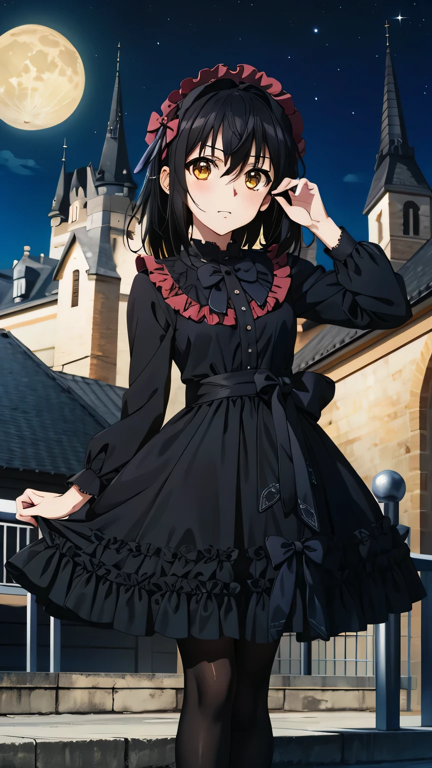 {{{masterpiece}}}, (best quality:1.5), (ultra-detailed:1.5), {illustration}, {{an extremely delicate and beautiful}}, (beautiful detailed eyes:1.6), absurdres, highres, extremely detailed face, 16k, hd, visual anime de uma jovem mulher, extremamente bonito rosto de anime, anime melhor garota, (perfect hands, perfect anatomy), anime face, Himeragi Yukina(Strike The Blood), 1girl, solo, cute face, medium hair, front hair, black hair, hair between eye, (yellow eyes:1.3), (High resolution eyes, Beautiful eyes, Light in the eyes), flushed cheeks, medium breasts, big hips, curvaceous, BREAK, gothic ta, black clothes, 1girl, solo, arm up, long straight hair, looking at viewer, cyb dress, frilled dress, frills, gothic, bow, long sleeves, pantyhose, high heels, castle, outdoors, moon, night, light, dark, detailed background
