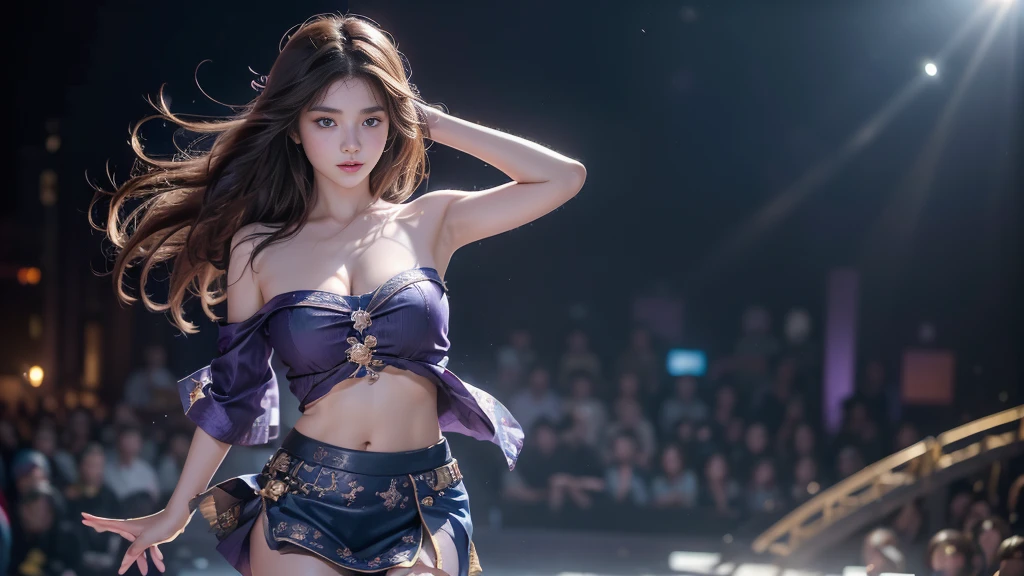 (highest quality、4k、High resolution、master piece: 1.2)、Super detailed、real、cowboy shot、Bright colors、studio lighting、sharp focus、professional、beautiful detailed eyes、beautiful detailed lips、highly detailed eyes and face、long eyelashes、Highly detailed abs、porcelain skin、correct anatomy、The best makeup、The best hairstyle、1 person 、beautiful girl、15 years old、Breathtaking beauty、The top idol among the top、Dance vigorously、(Summer fairy costume:1.2)、The final performance of the Dome Tour、On a stage with a gorgeous concert set、in front of a packed audience、look at the camera、belly button