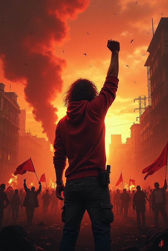 25 yo guy, with brown short curly hair, tattoed arms, black tshirt and jeans, seen by his back, watching Turin city completely destroyed with flames, enormous atomic bomb explosion in the background, 8k, ultra realistic, masterpiece
