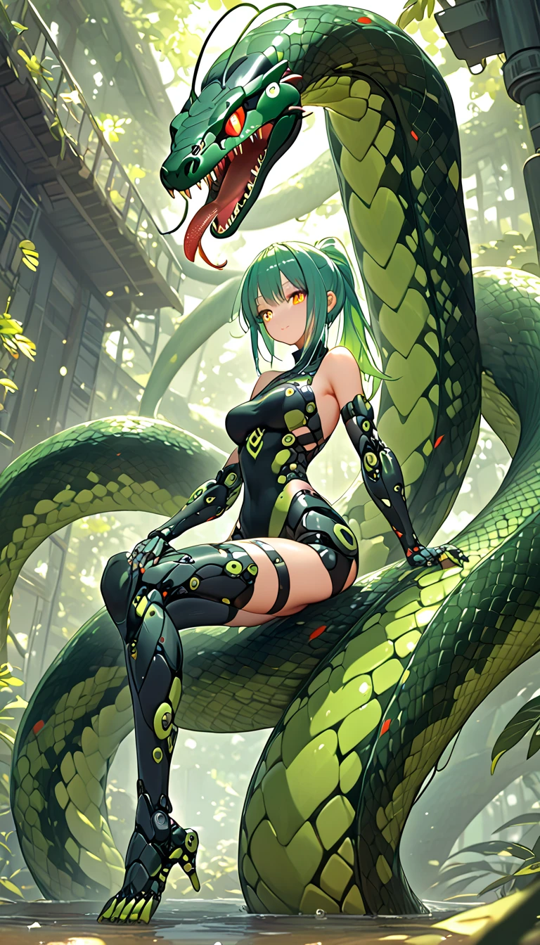 Girl in a bodysuit. she is wearing a cyber style bodysuit. A girl with a snake growing out of her body. she is wearing long black gloves. She has green hair. She has snake eyes.