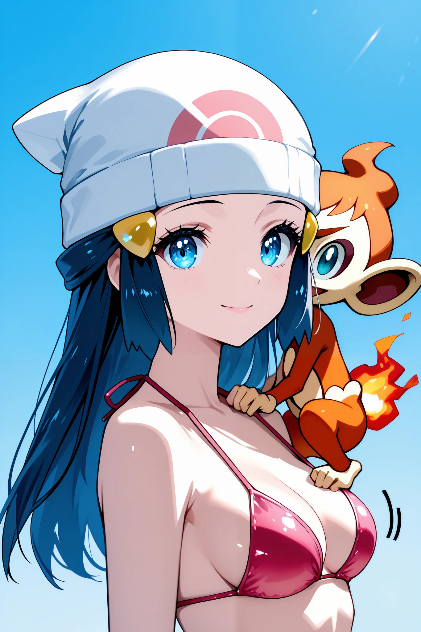masterpiece, best quality, amazing quality, very aesthetic, absurdres, newest, scenery,highly detailed,high-resolution,close-up portrait,female,woman,dawn/hikari,pokemon diamond pearl,dark-navy hair,long hair,aquamarine eyes,fair skin,glossy texture,pink lips,skimpy bikini,white beanie,simple background,blue background,v sign,one hand,heart,focused subject,sharp focus,medium depth of field,slight smile,looking at viewer,from the side,clean lines,smooth lines,sharp,masterpiece, best quality, amazing quality, very aesthetic, absurdres, newest, scenery, BREAK, eyesHD, detailed eyes, high definition eyes, BREAK, natural small breasts, very skimpy bikini top, BREAK, Chimchars perched on her shoulder, Chimchar is a fire chimp Pokemon from Diamond/Pearl generation,
