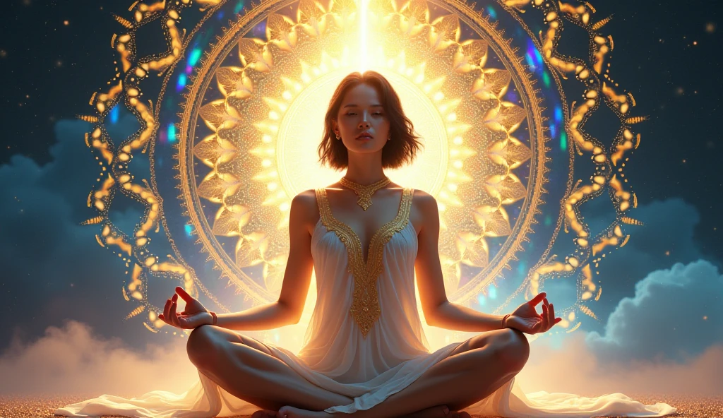 Mystical woman in the middle of the universe deep meditation, Etéric atmosphere, Aurico com desenho dos chakras