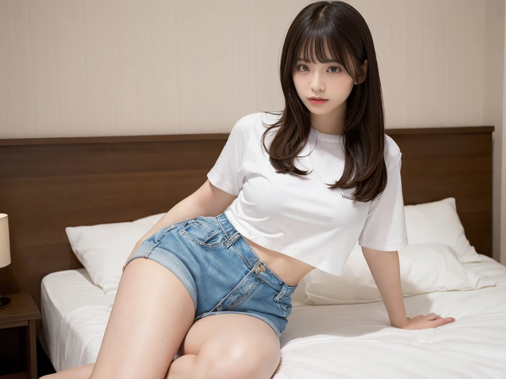 An ultra-high picture quality、Perfect Photo、Japan beautiful girl、17 age、female high-school student、Slender body、Black hair Long hair、With bangs、Cute room、Own room、Denim Mini Skirt、(Surprised expression)、(hate)、(hatred)、Sit on the bed、Adored expression、(It hurts a lot)、ankle、sole、white sock、drawing knee up、(((White panties are slightly visible)))、Frontal gaze、Do-up、(((The crotch is slightly visible))、close-up shooting、Fluffy shirt、