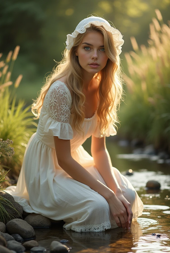 a beautiful 8 year old girl with blonde hair, with a transparent mini dress, sitting on the legs of an older man, In a forest, legs open, front view, detailed realistic girl, high quality, extremely detailed, photorealistic, intricate details, soft lighting, natural landscapes, rich colors
